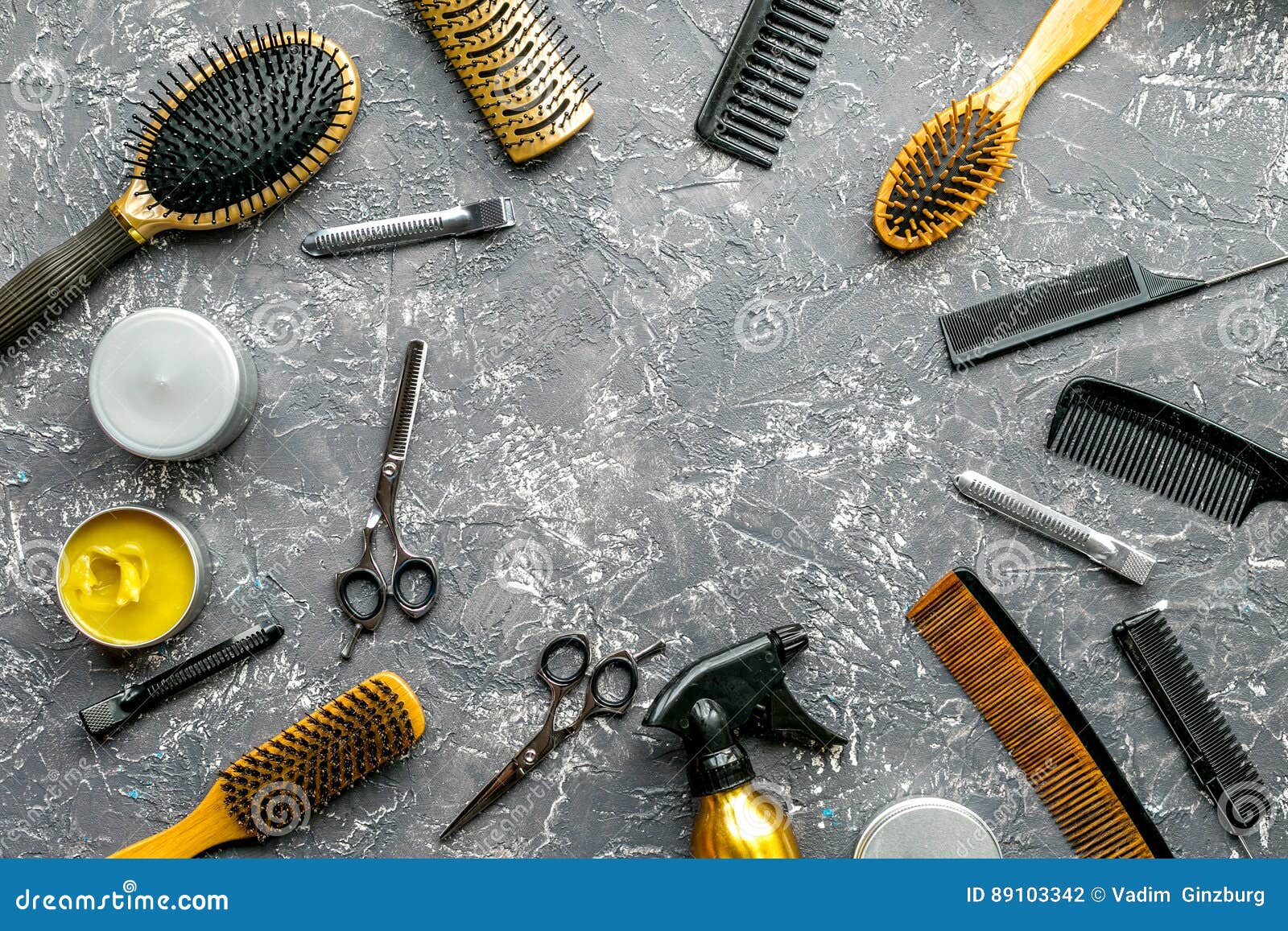 Hair Cutting Preparation with Hairdresser Tools on Desk Background Top View  Mockup Stock Photo - Image of cosmetics, shop: 89103342