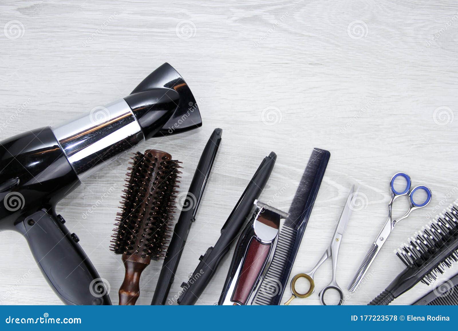 Hair Cutting Tools. Space for Text. Combs, Scissors and Hairdressing Tools  in a Beauty Salon Desktop on a Wooden Background, Top Stock Photo - Image  of salon, brush: 177223578