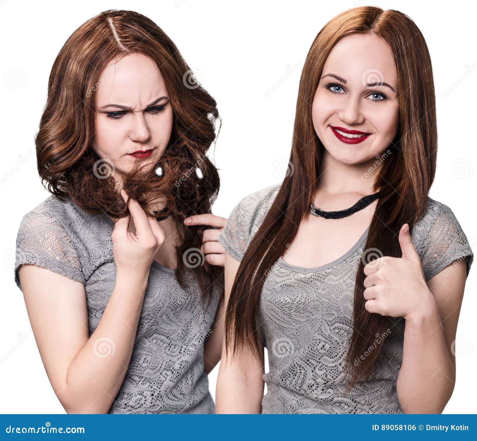 Hair before and after Straightening. Stock Photo - Image of front,  isolated: 89058106