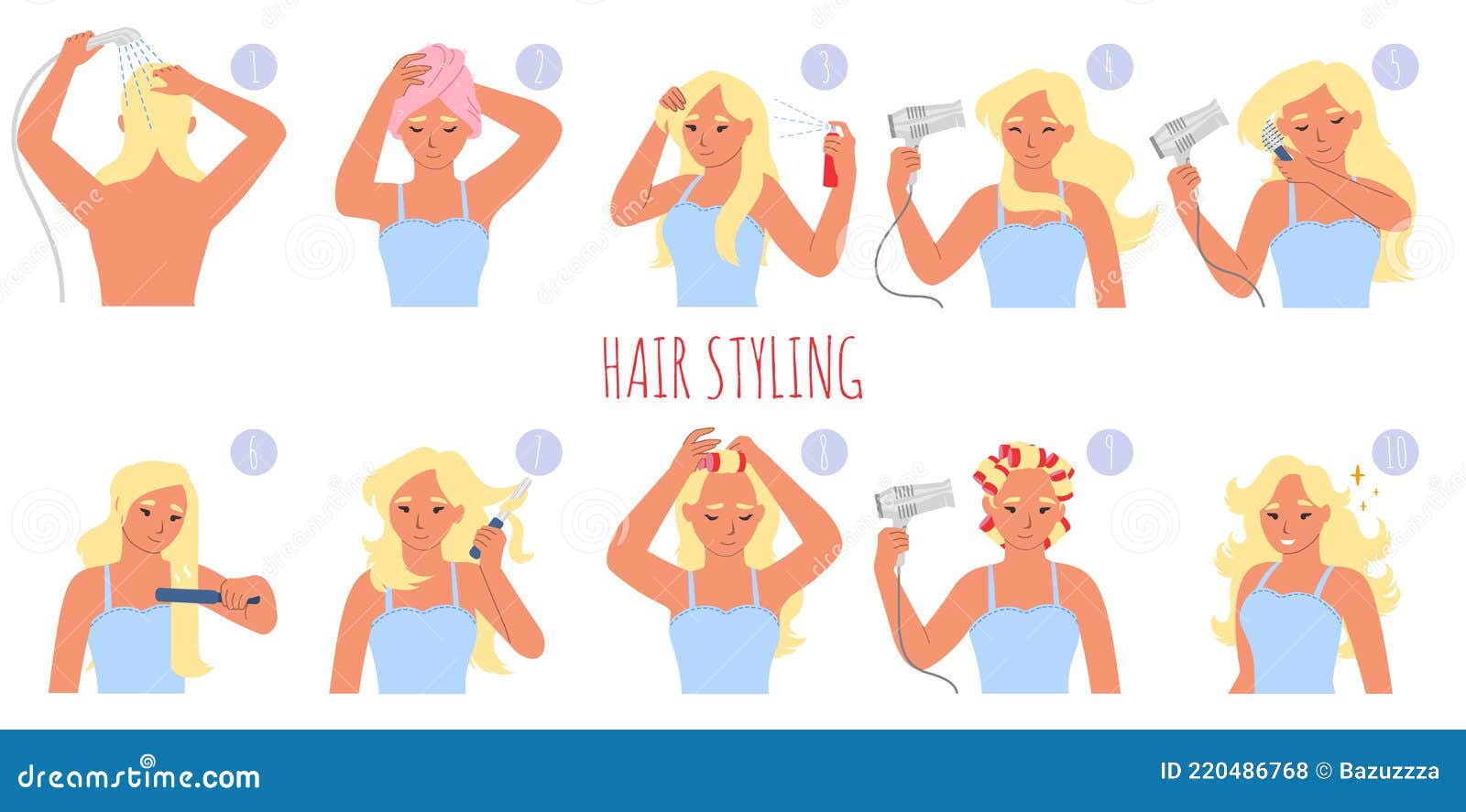 hair styling steps, flat  . washing, toweling, applying mousse, drying, curling. hair care routine.