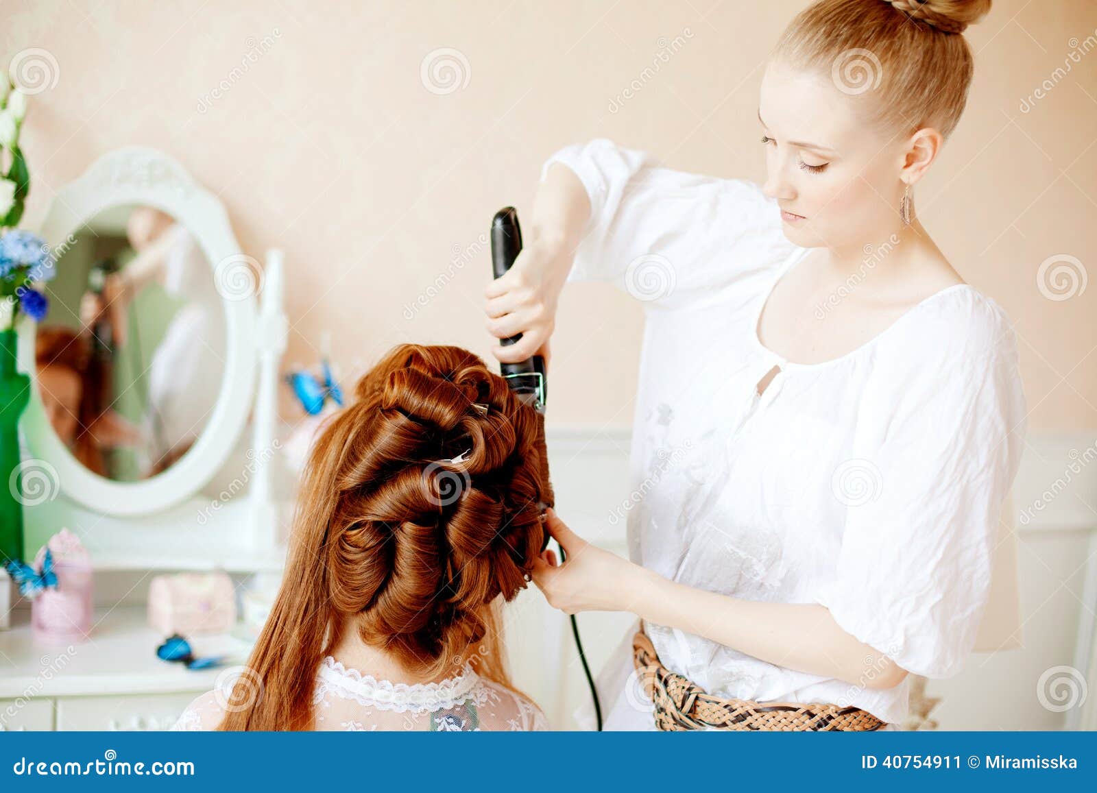 Hair Stylist Makes the Bride on the Wedding Day Stock Image Image of