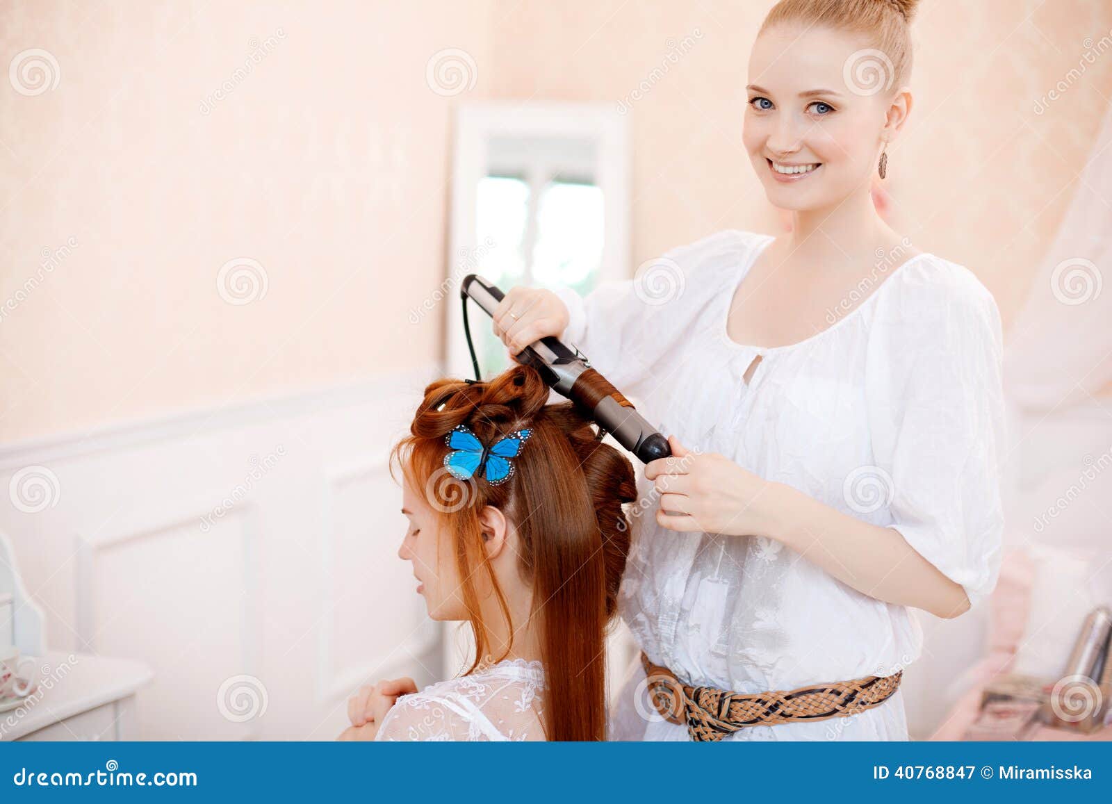 Hair Stylist Makes the Bride on the Wedding Day Stock Image Image of