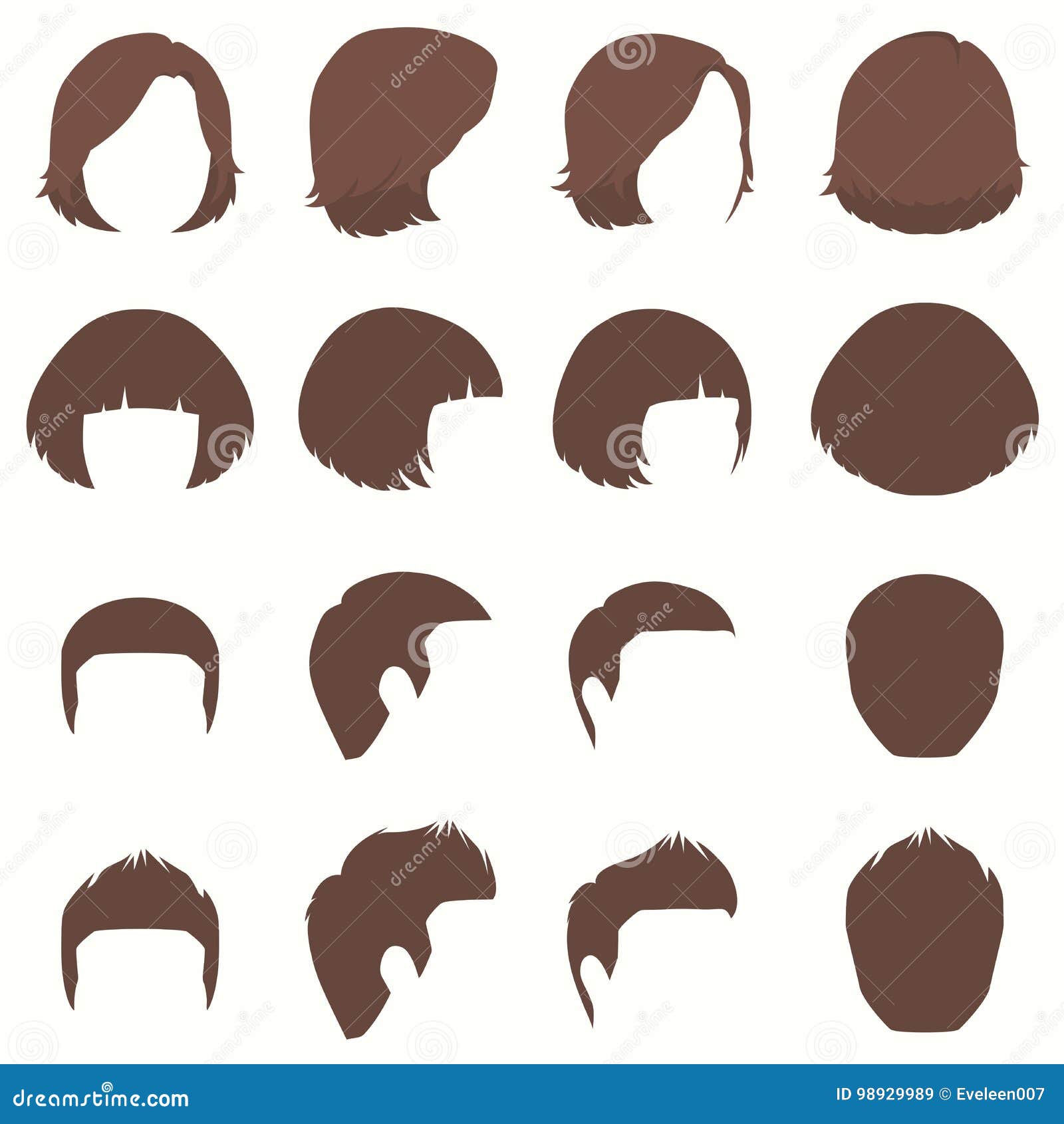Hair, Vector Hairstyle Silhouette, Front Back And Side View