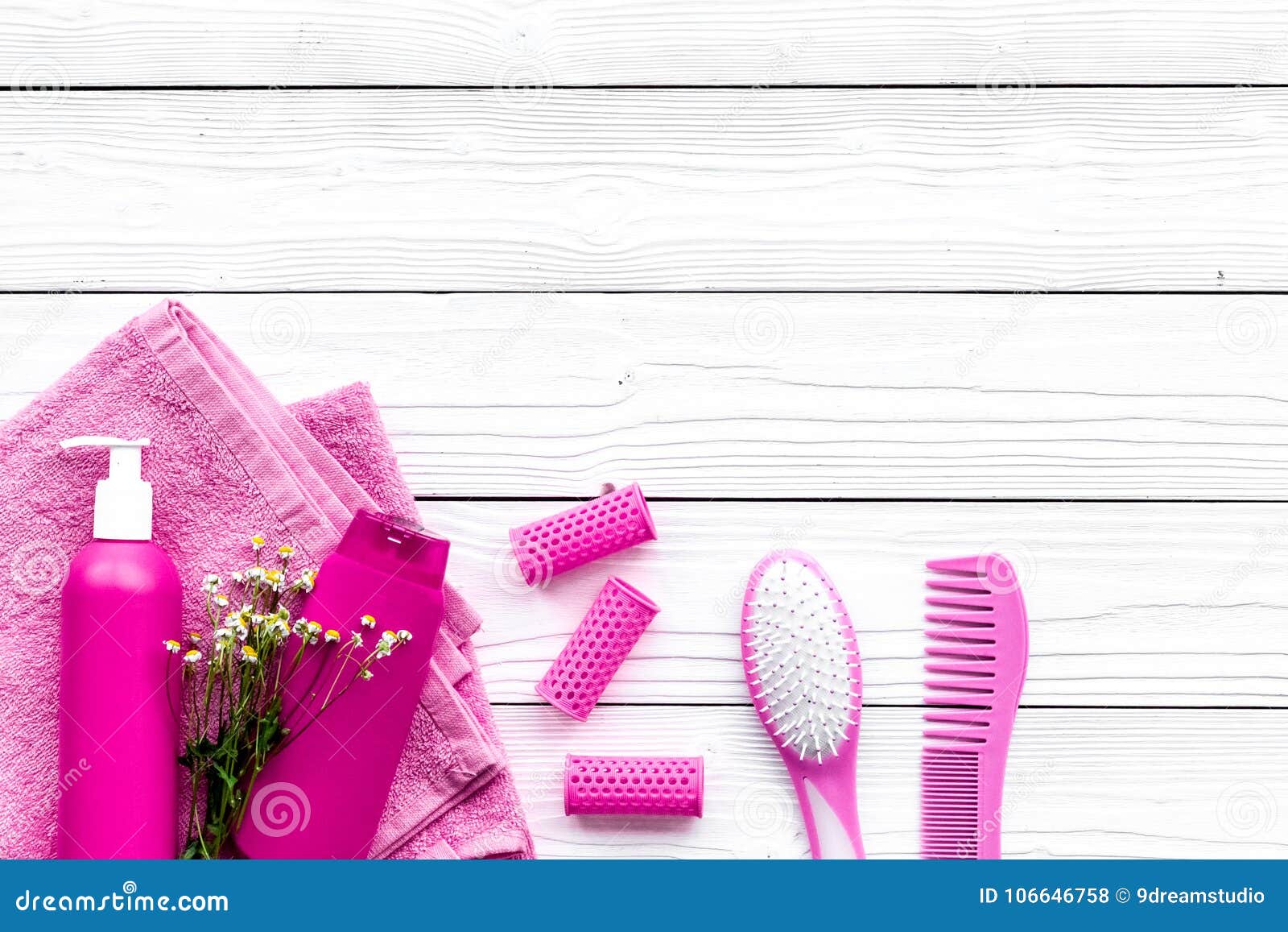 Hair Washing and Styling Tools. Comb, Shampoo, Hairspray, Curlers on ...