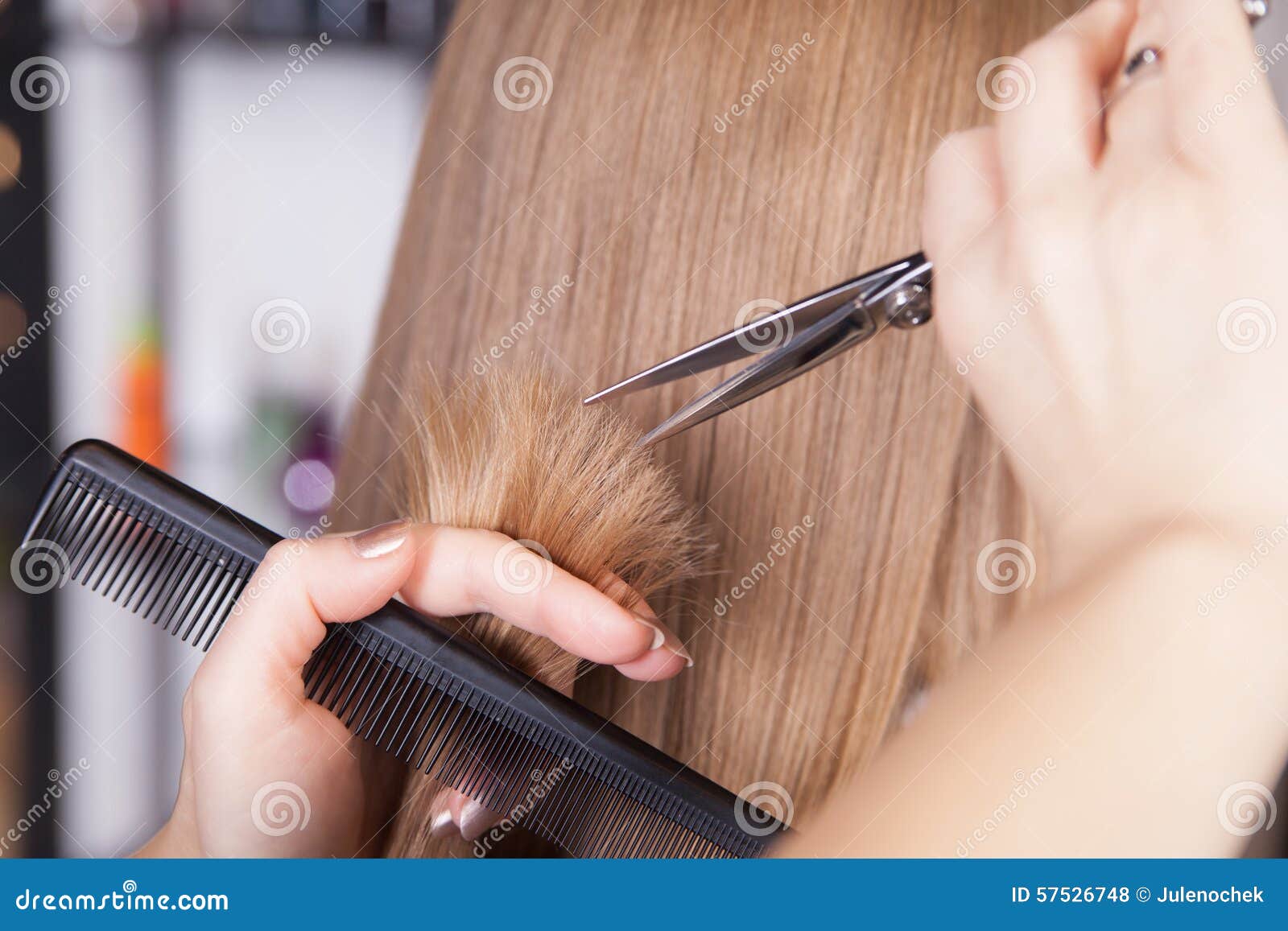 hairdresser cut blond hair of a woman