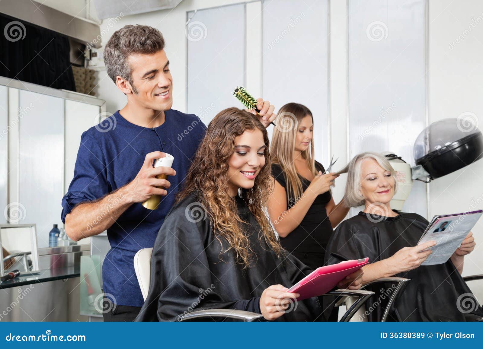 Hairdressers Setting Up Client S Hair In Salon Stock Image Image