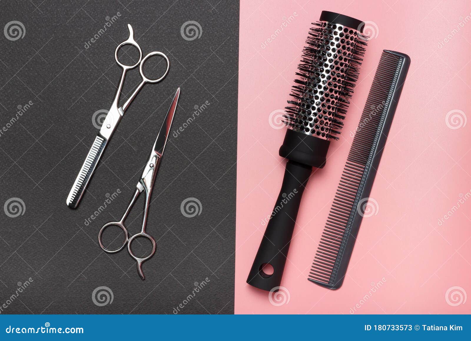 Hairdressing Scissors and Combs, on Black and Pink Background, a View