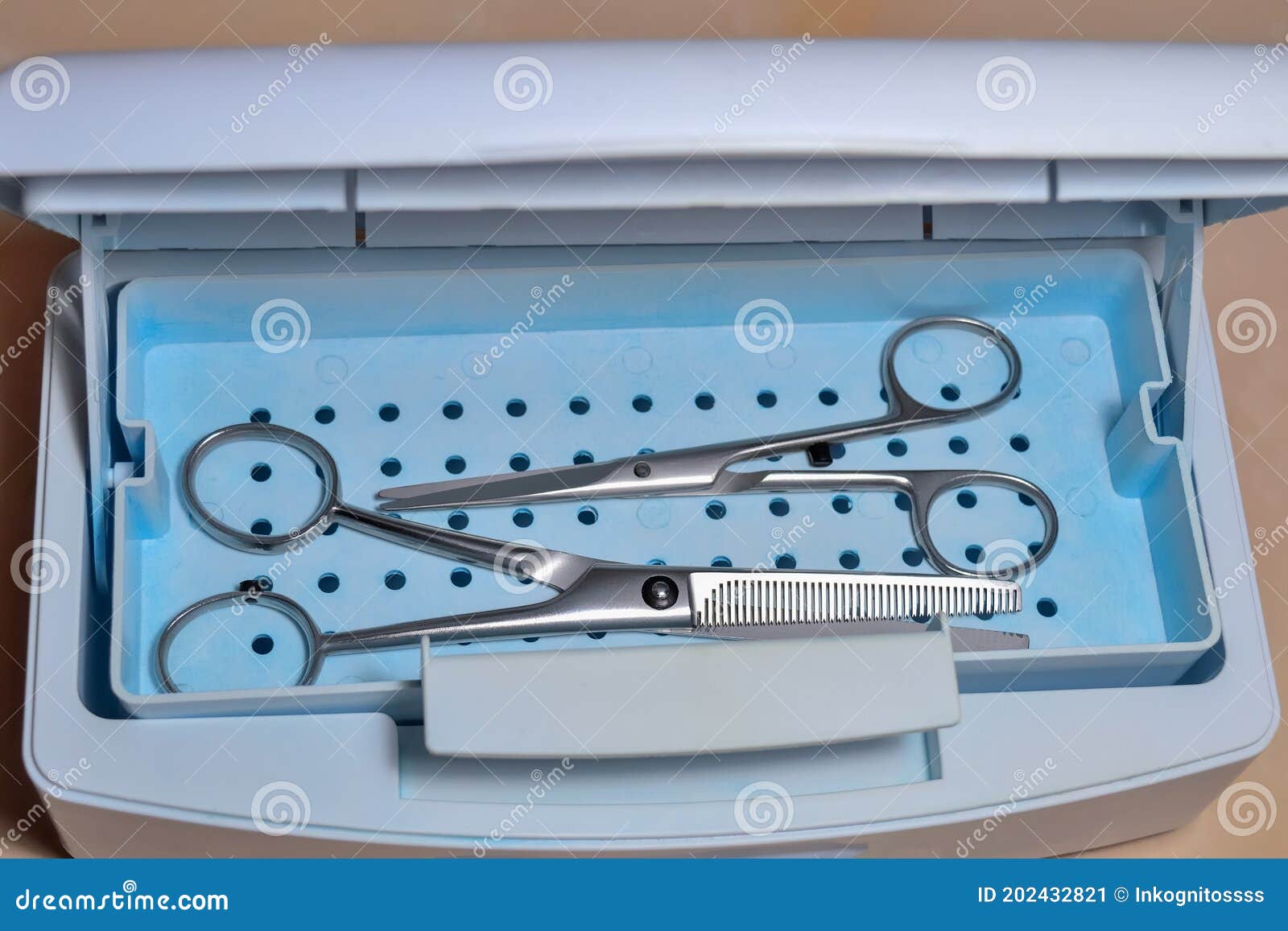 Hairdressing Scissors in a Disinfection Box Stock Image Image of