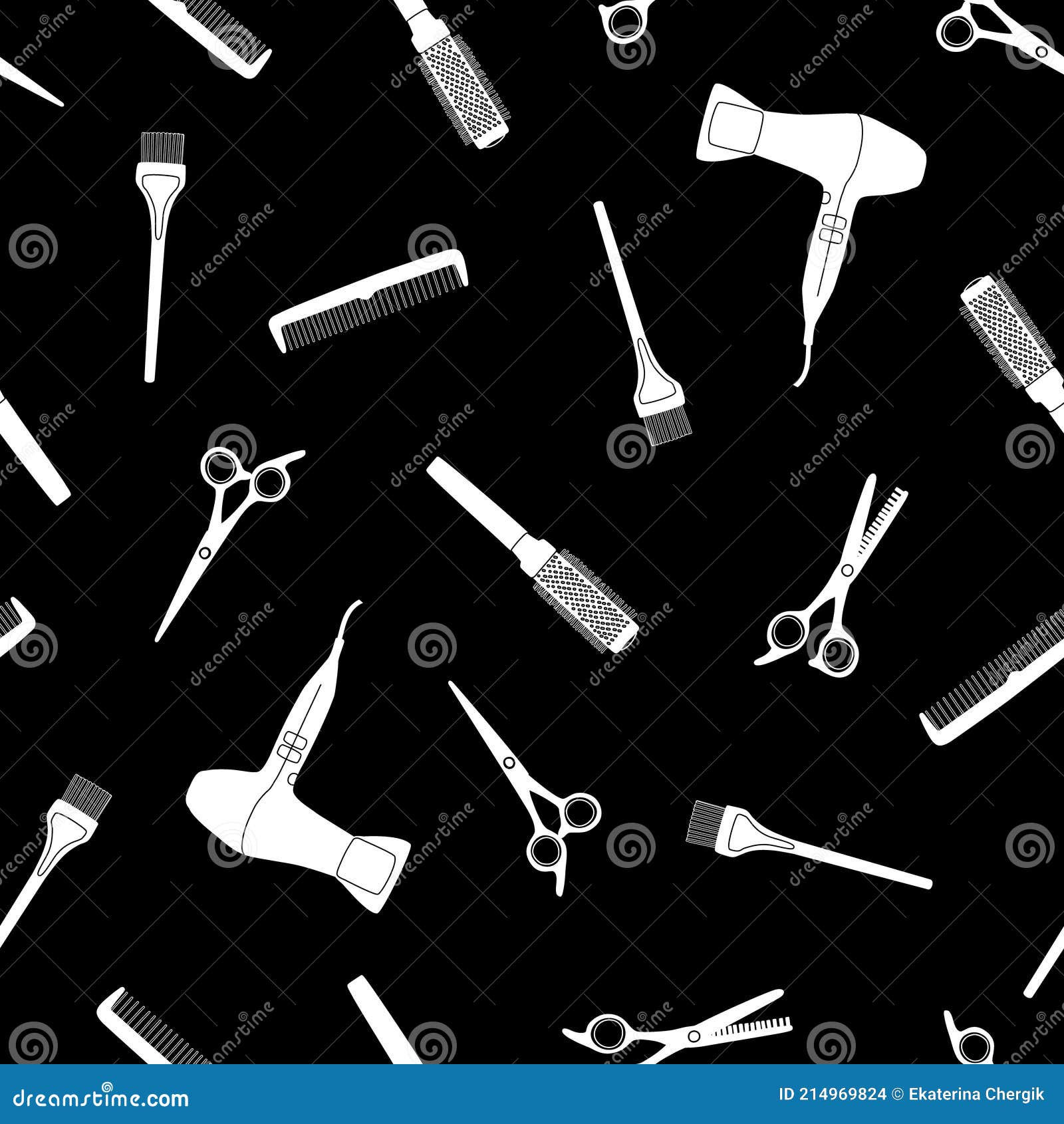 Hairdressing Tools on a Black Background in a Seamless Pattern. White  Silhouette of Hair Salon Accessories for Templates Stock Vector -  Illustration of dryer, haircut: 214969824