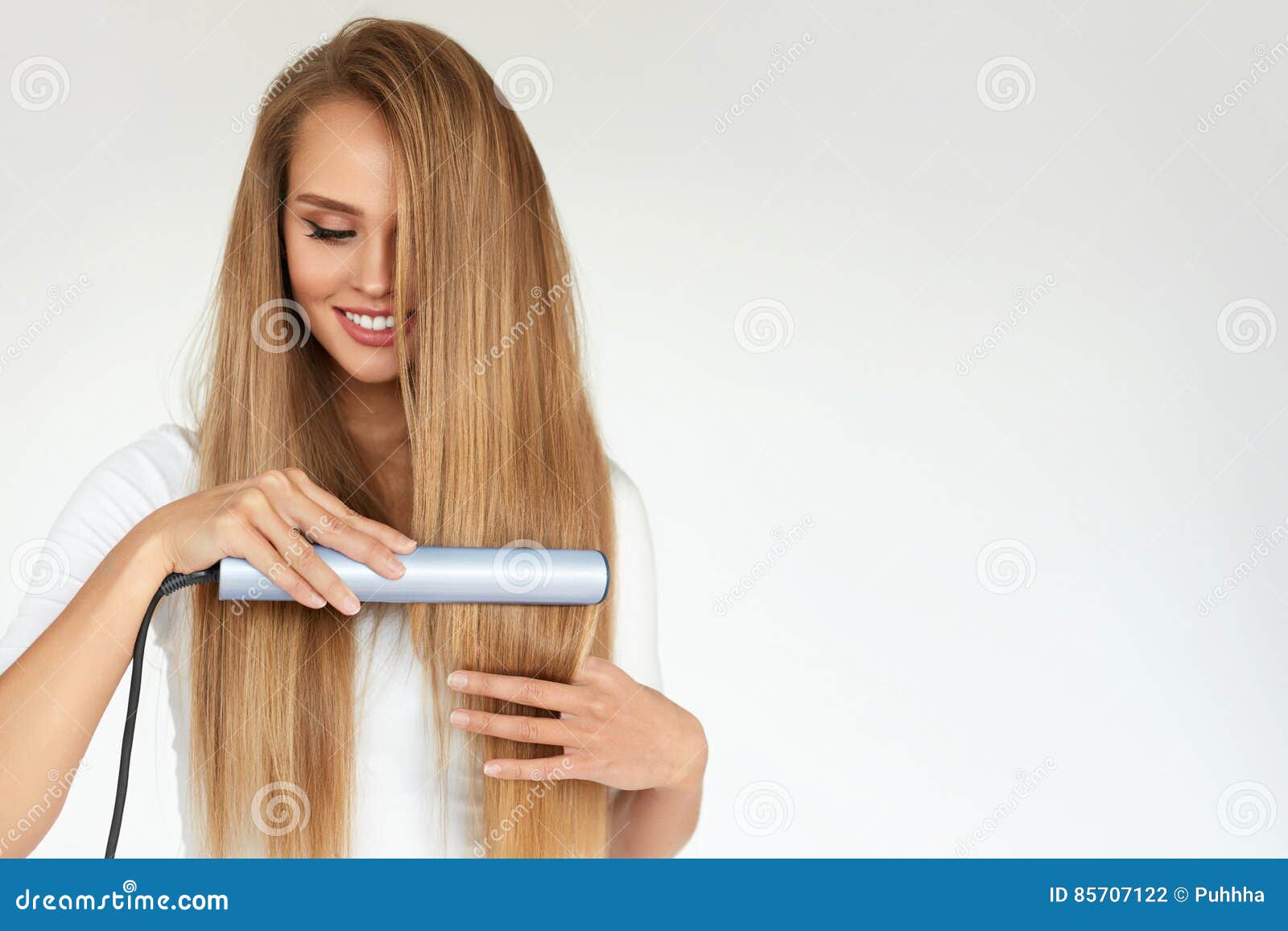 Hairdressing. Woman with Beautiful Long Hair Using Straightener Stock Photo  - Image of happy, hairdressing: 85707122