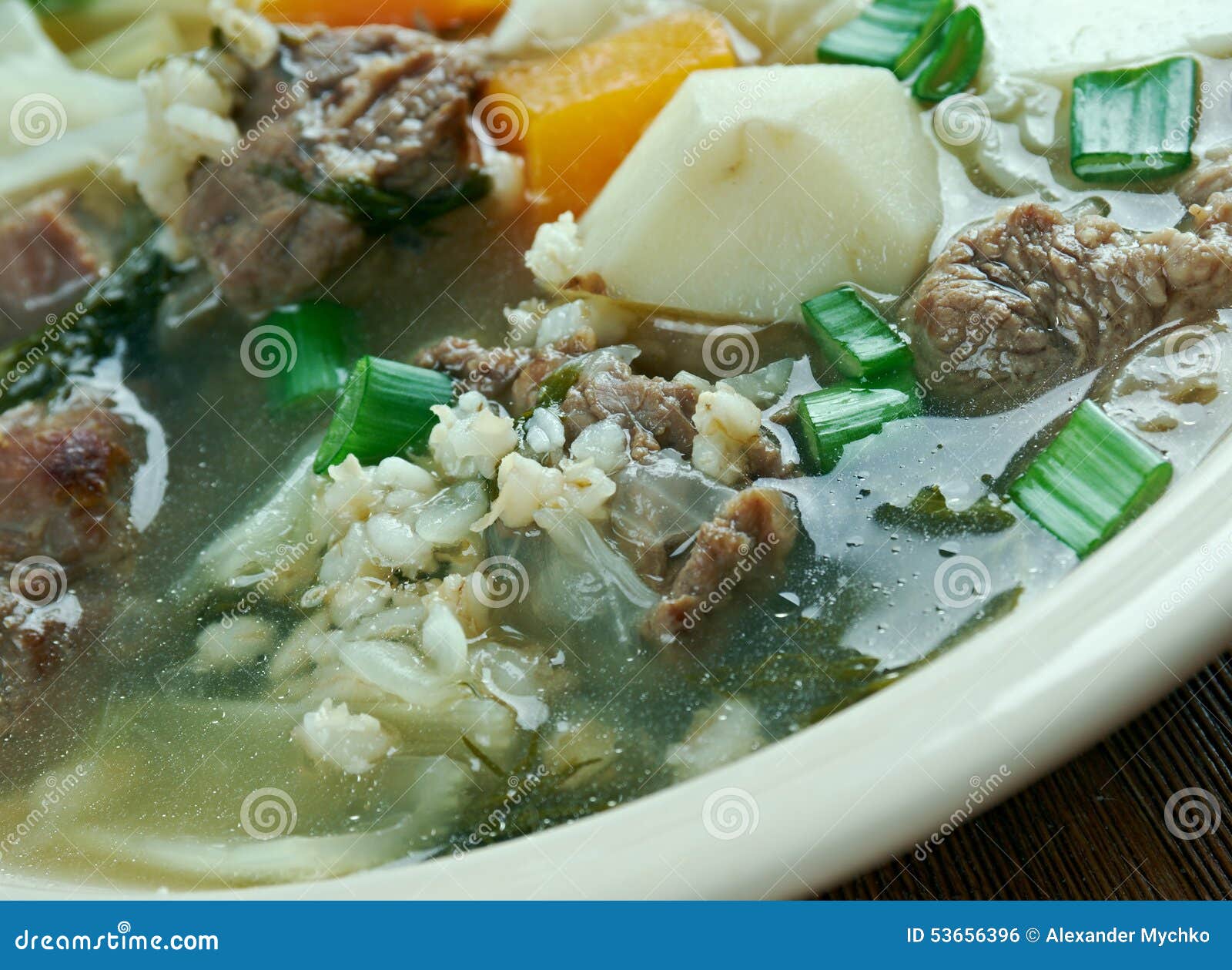 Hairst Bree - Harvest Broth.traditional Scottish recipe for a classic hearty broth of lamb meat, mixed autumnal vegetables.