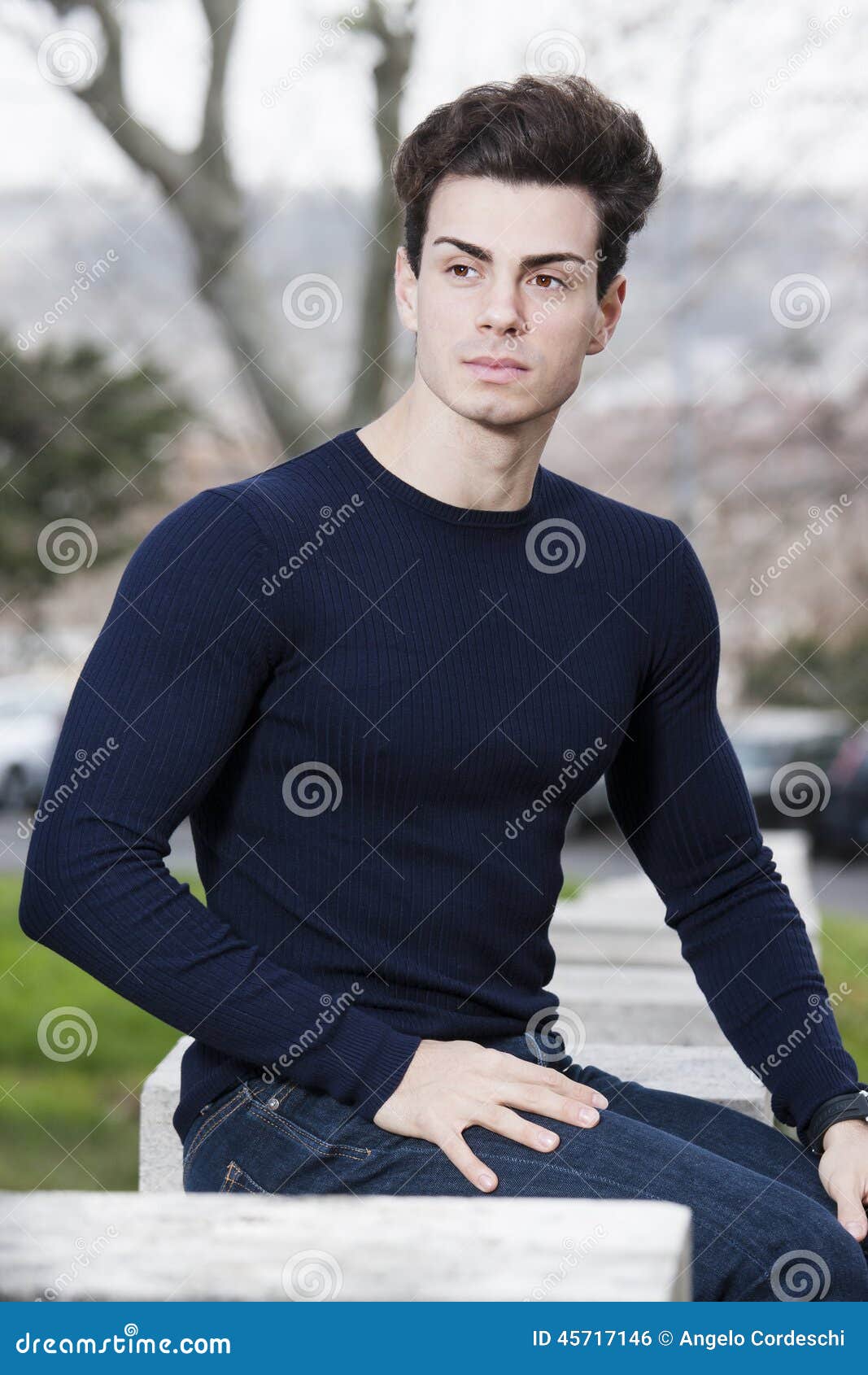 Hairstyle Cute Young Man - Outdoor with Blue Long-sleeved Stock Photo -  Image of caucasian, fresh: 45717146