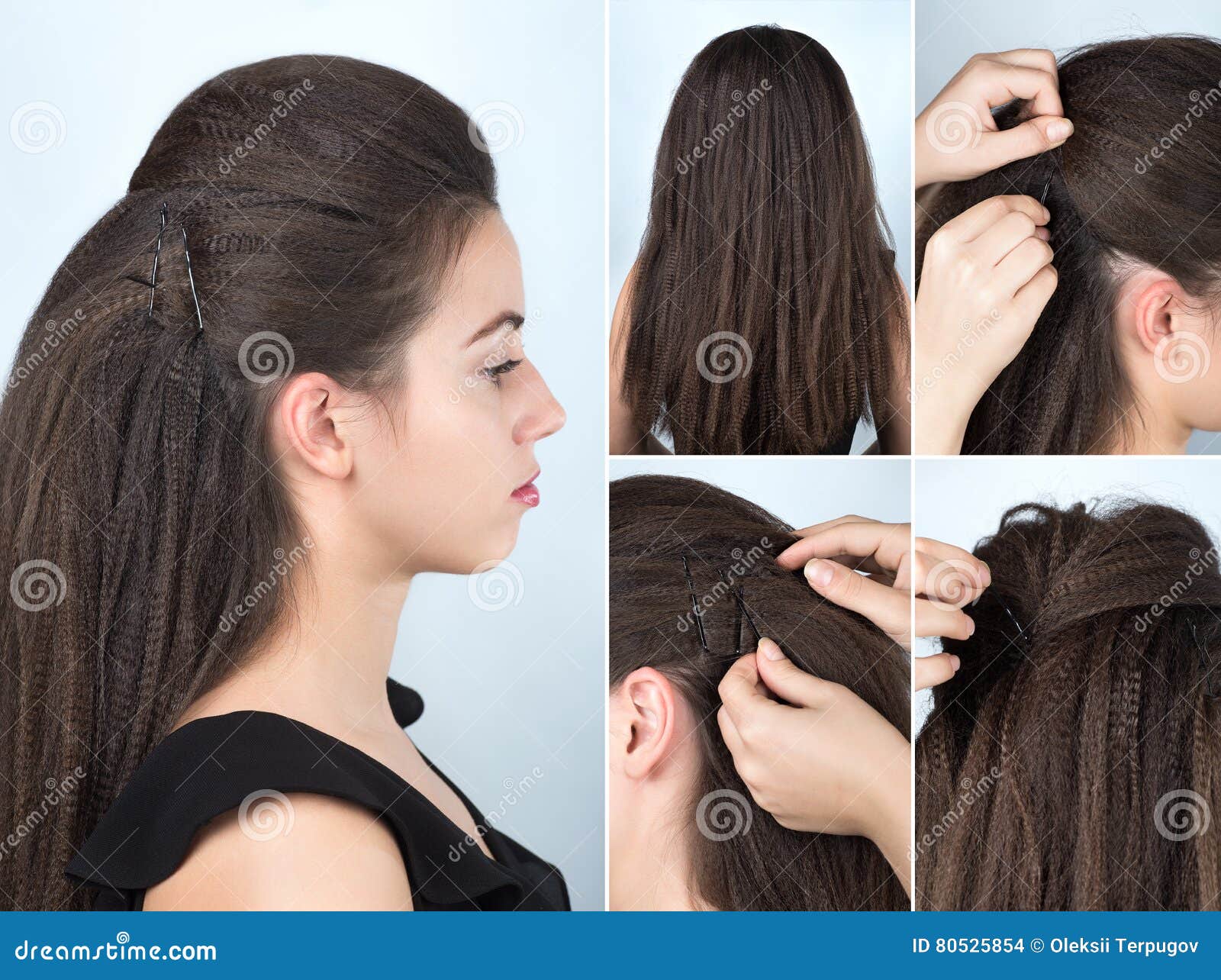 Hairstyle with Pins for Curly Hair Tutorial Stock Photo - Image of volume,  updo: 80525854