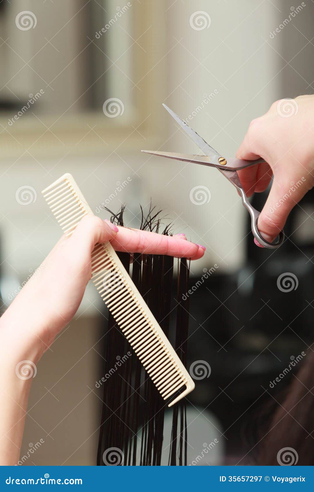 Hairstylist Cutting Hair Woman Client In Hairdressing 