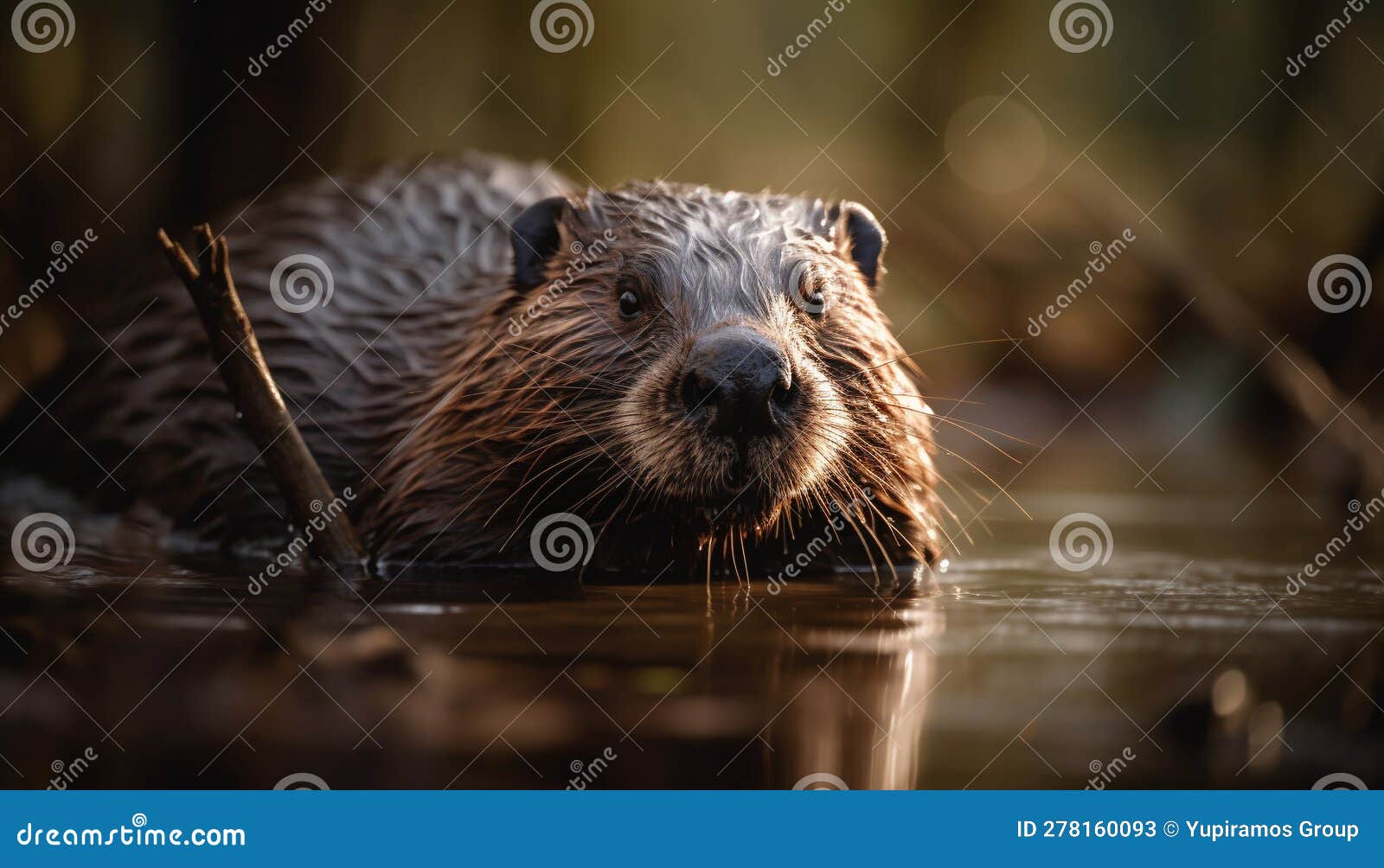 Hairy Beaver Swimming in Tranquil Forest Pond Generated by AI Stock