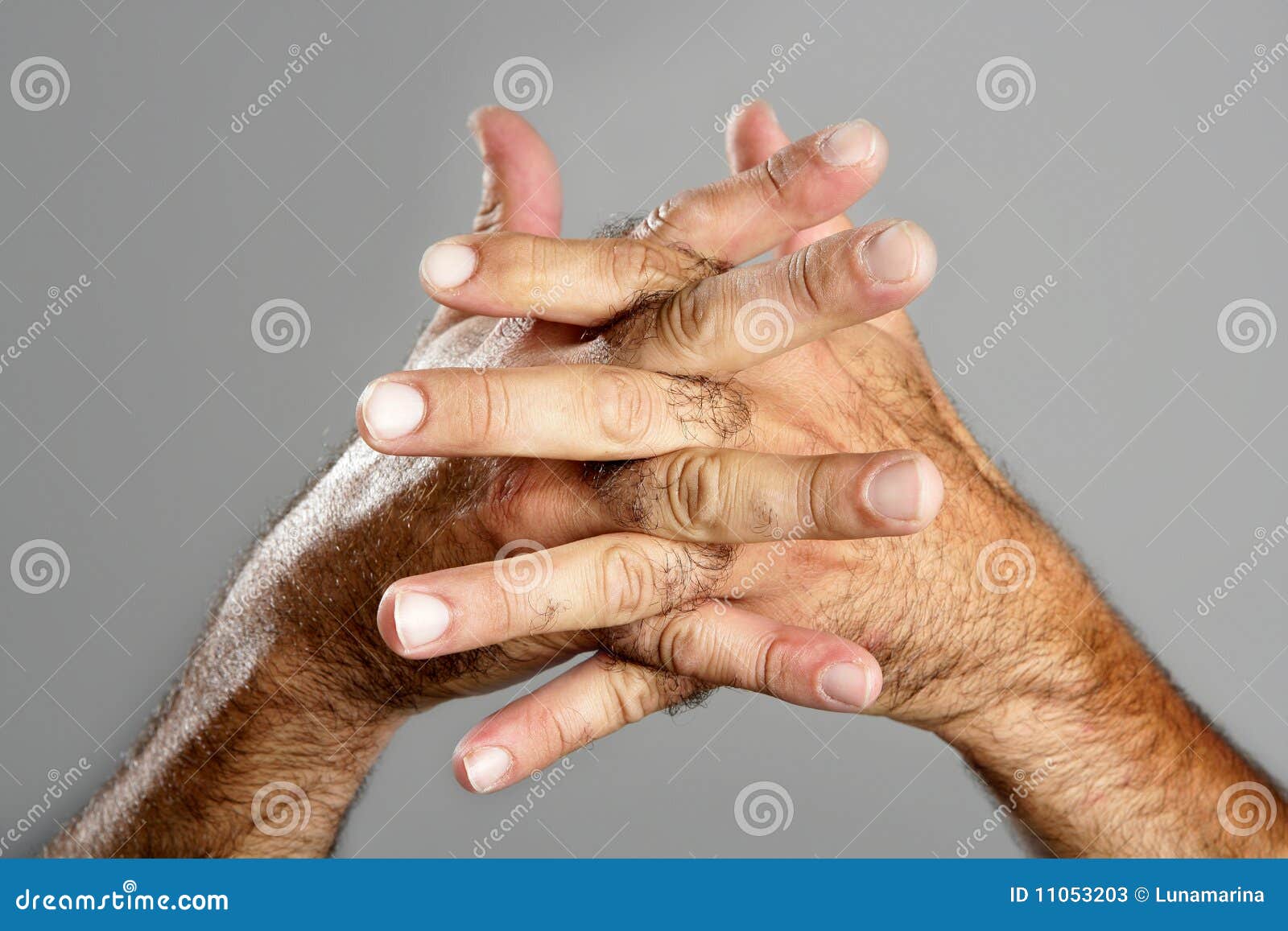 Hairy Man Hand Closeup Expression Over Gray Stock Image Image of