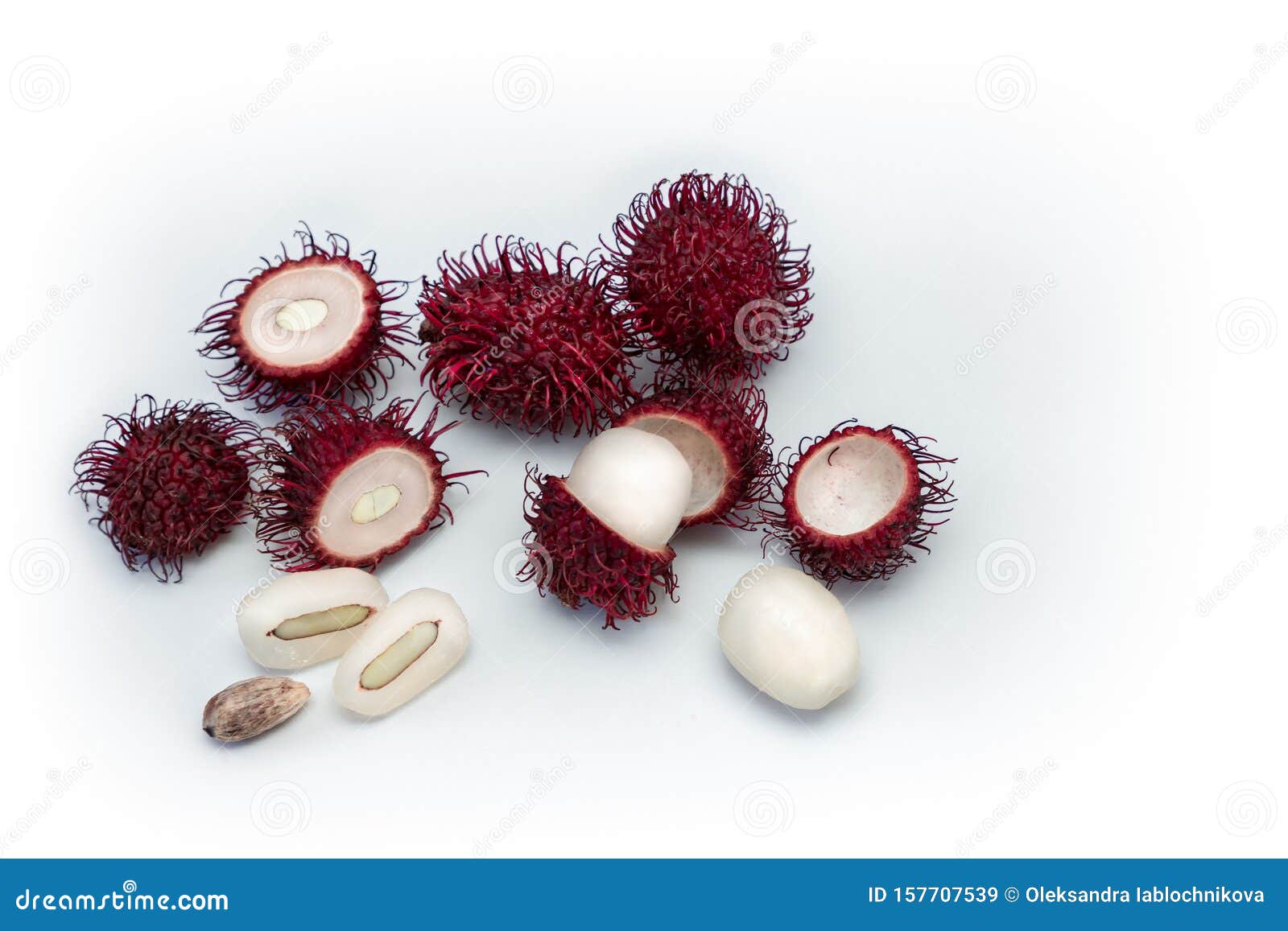 Hairy Tropical Exotic Rambutan Fruit Whole Half Cut Seed Flesh