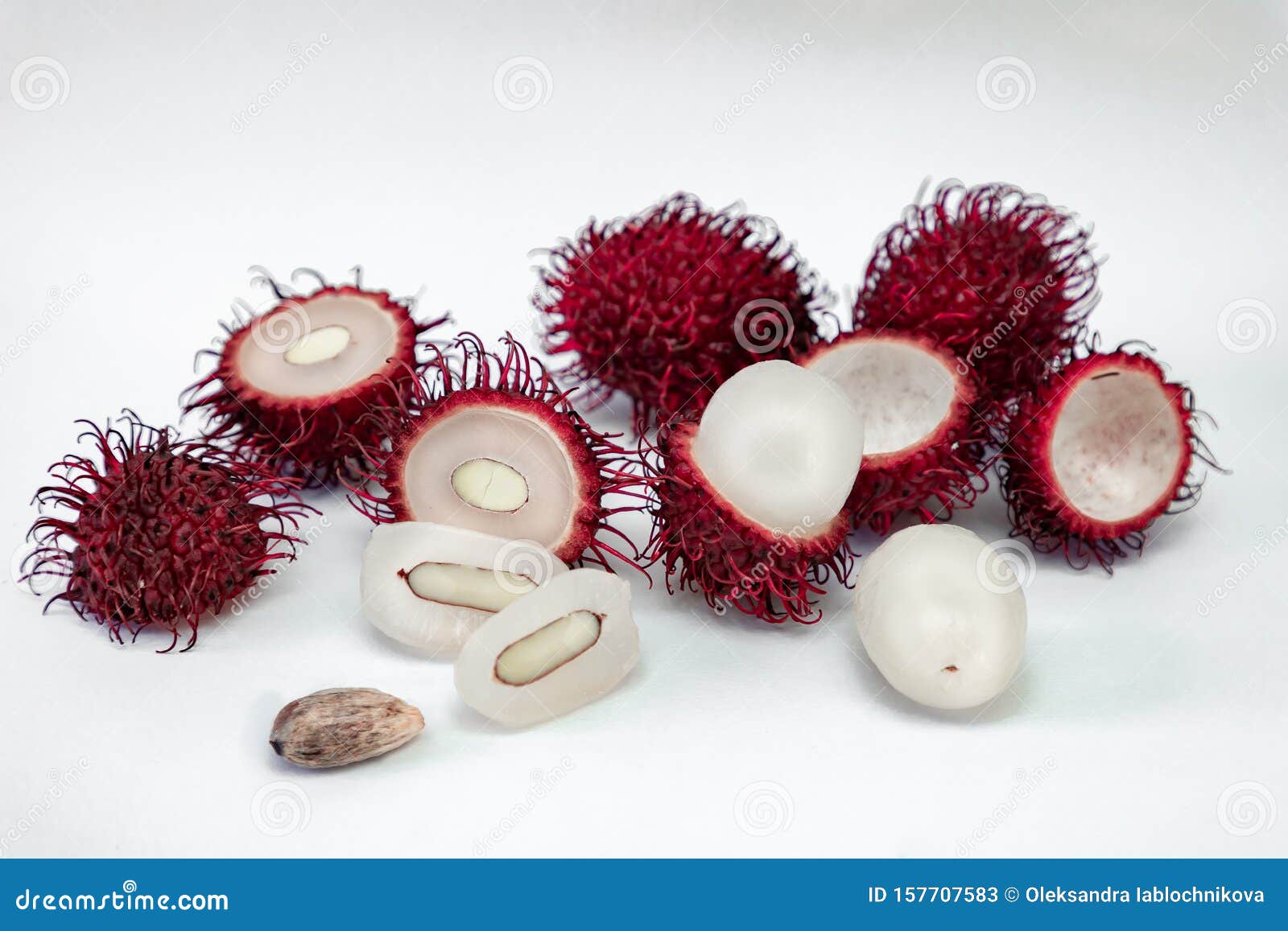 Hairy Tropical Exotic Rambutan Fruit Whole Half Cut Seed Flesh