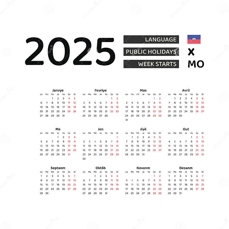 Haiti Calendar 2025. Week Starts from Monday. Vector Graphic Design