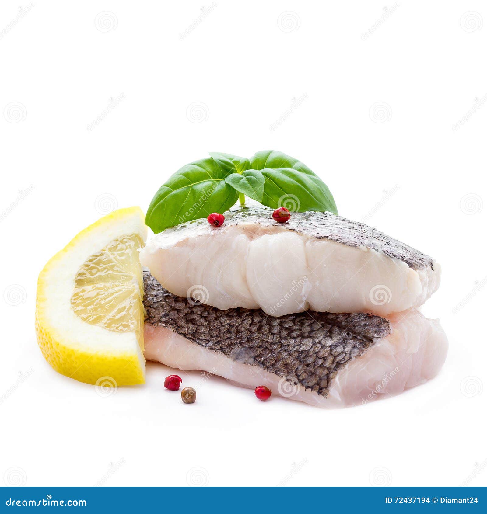 Hake Fillet with Skin and Lemon, Isolated Stock Photo Image of