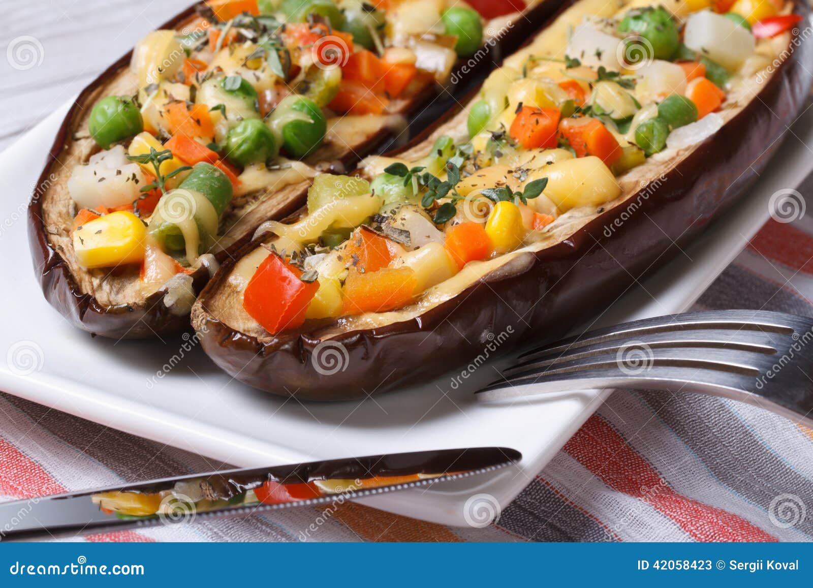 Half Baked Eggplants Stuffed with Vegetables Horizontal Stock Image