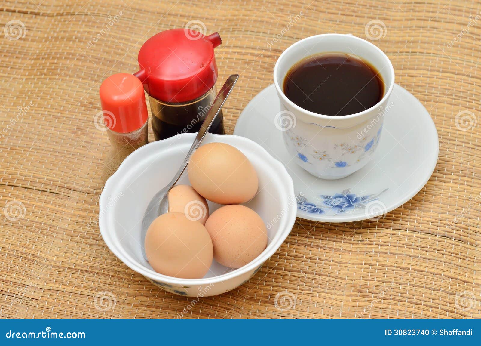 Halfboiled Eggs with Soy Sauce and Coffee Stock Photo Image of bread