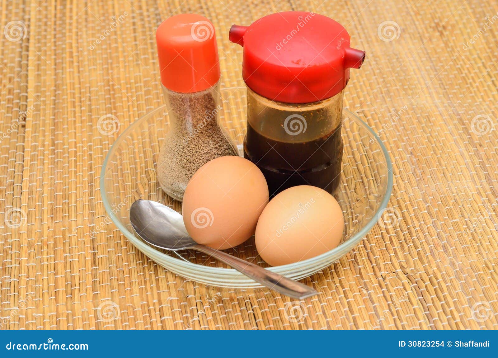 Halfboiled Eggs with Soy Sauce and White Pepper Stock Photo Image of