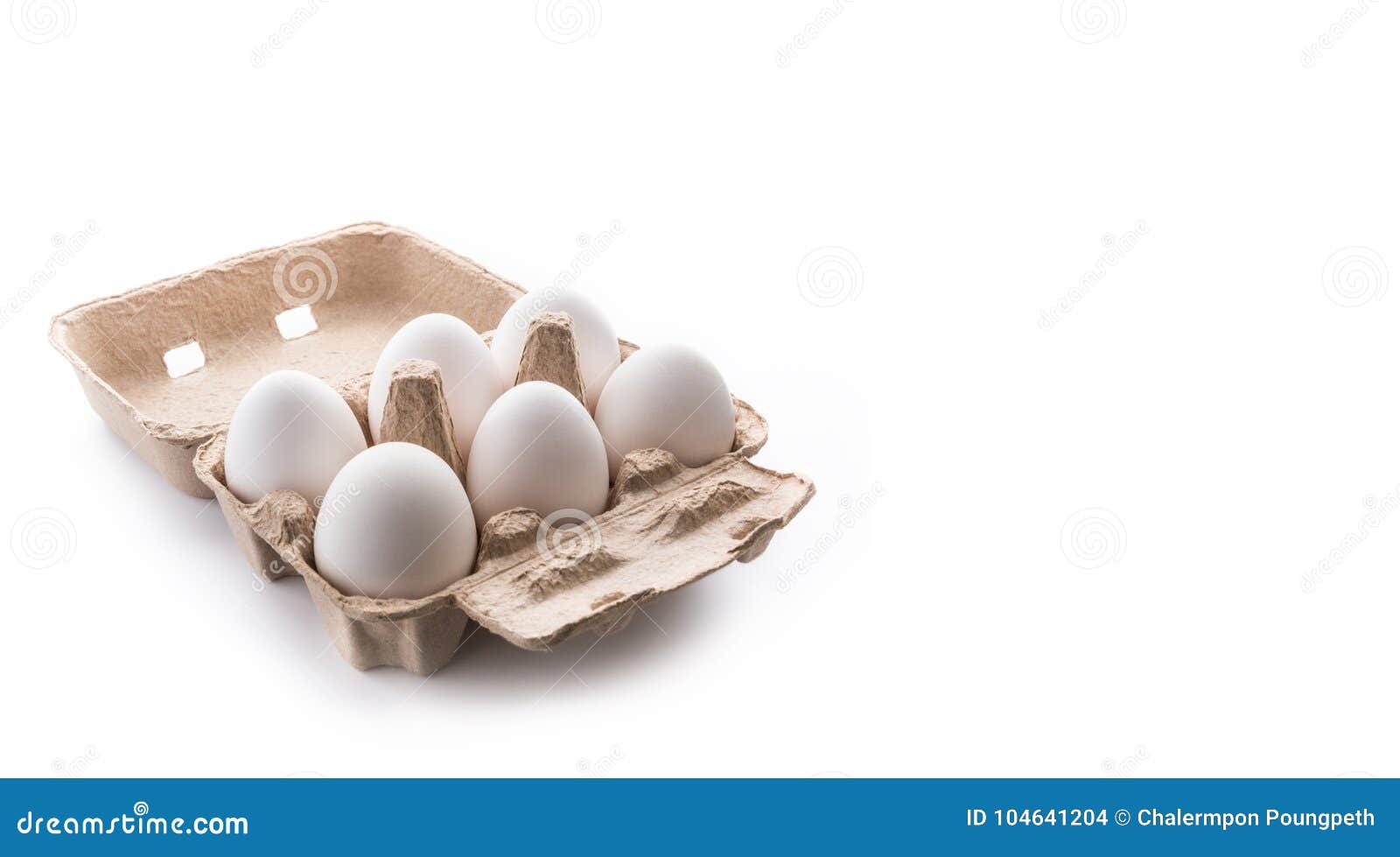 half dozen, six, white eggs in brown carton container with lid o
