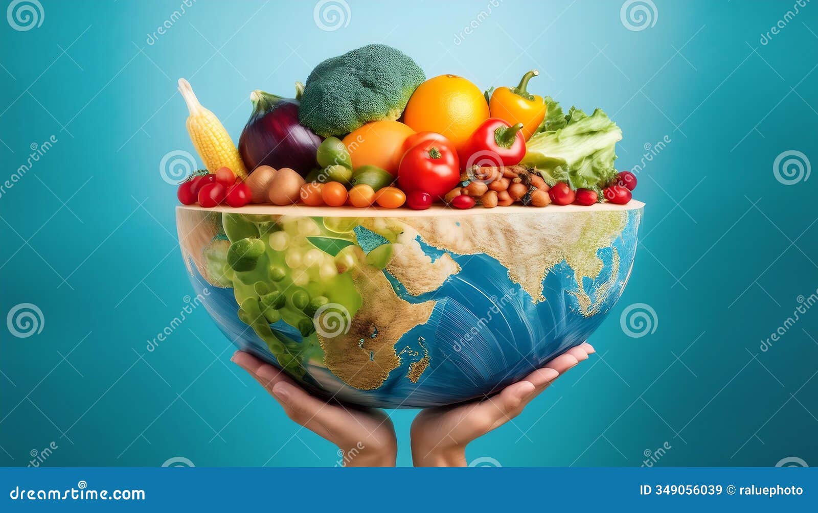 half-earth globe holds a variety of fruits and vegetables, izing global food or food security