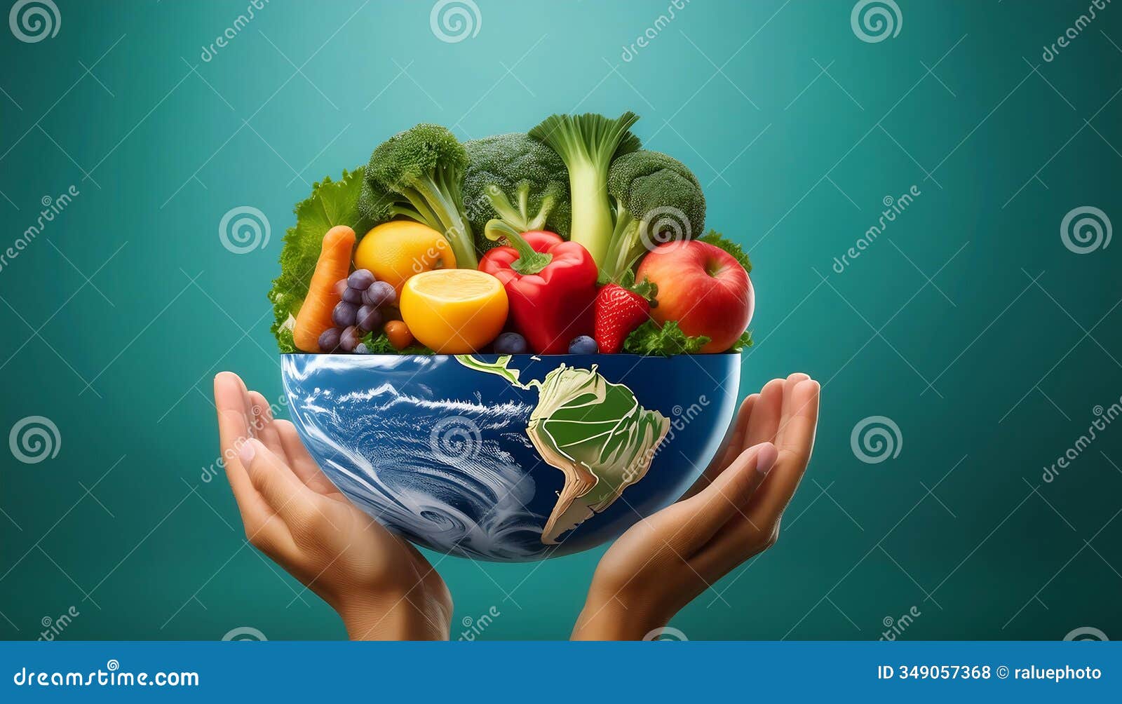 half-earth globe holds a variety of fruits and vegetables, izing global food or food security