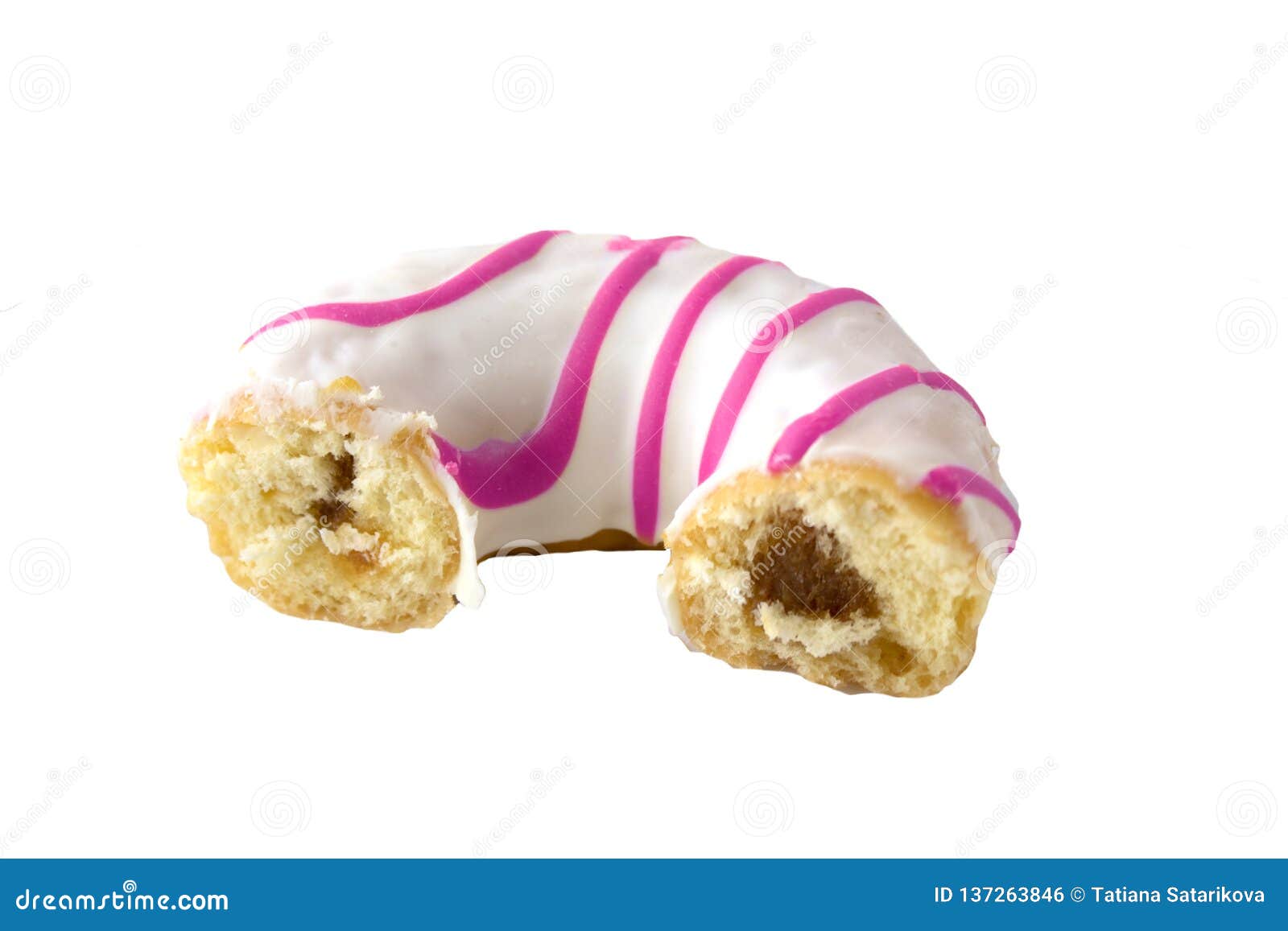 Half Eaten Doughnut with Pink Stripes Isolated on White Stock Photo