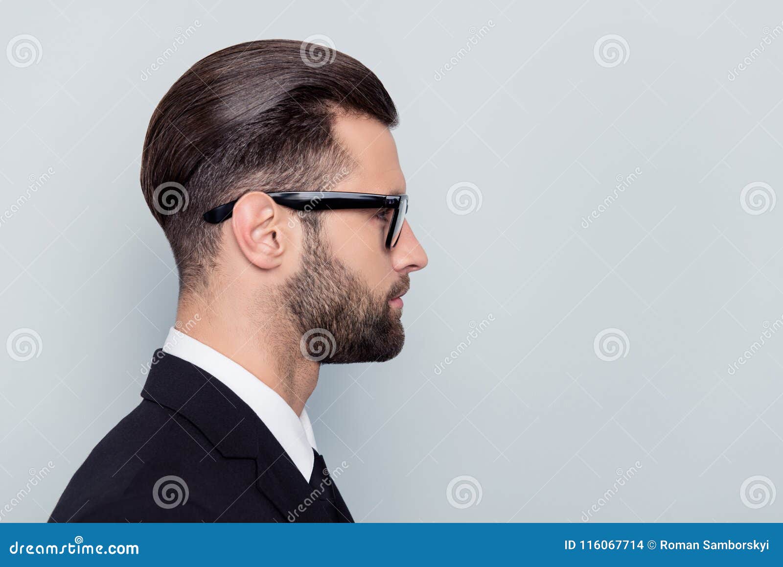 half-faced profile side view close up portrait of serious focused handsome attractive style stylish modern masculine guy with