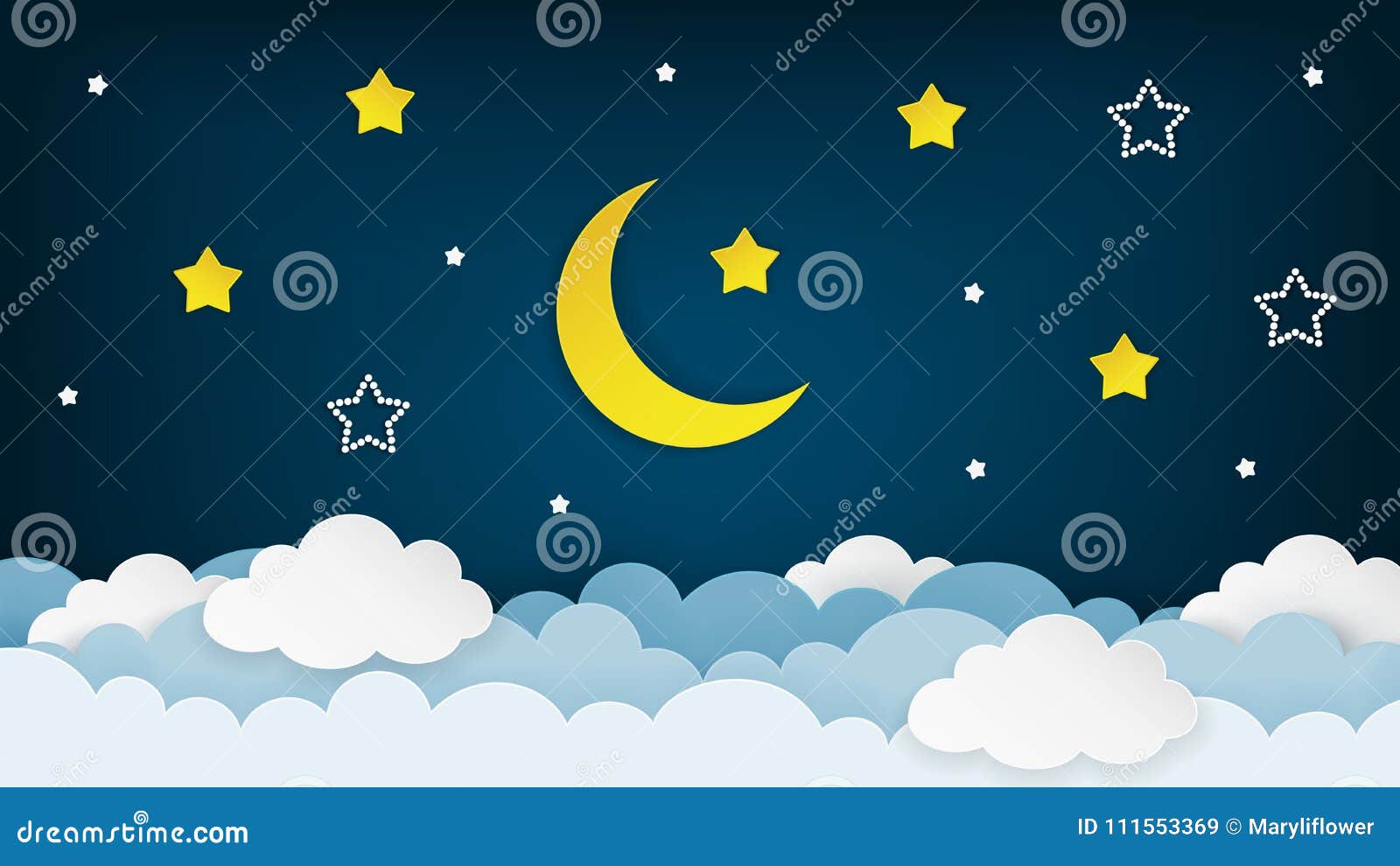 half moon, stars and clouds on the dark night sky background. paper art. night scene background.  .