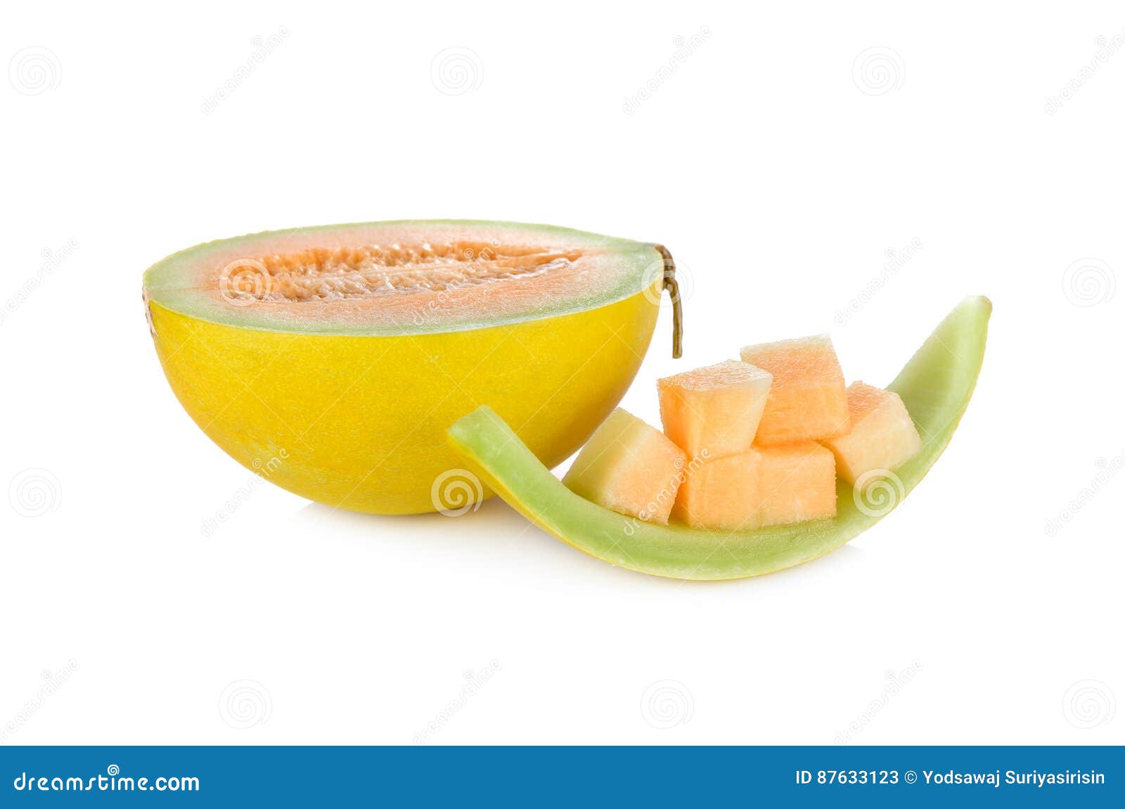 Half and Portion Cut Fresh Yellow Melon with Stem on White Background Stock Image Image of
