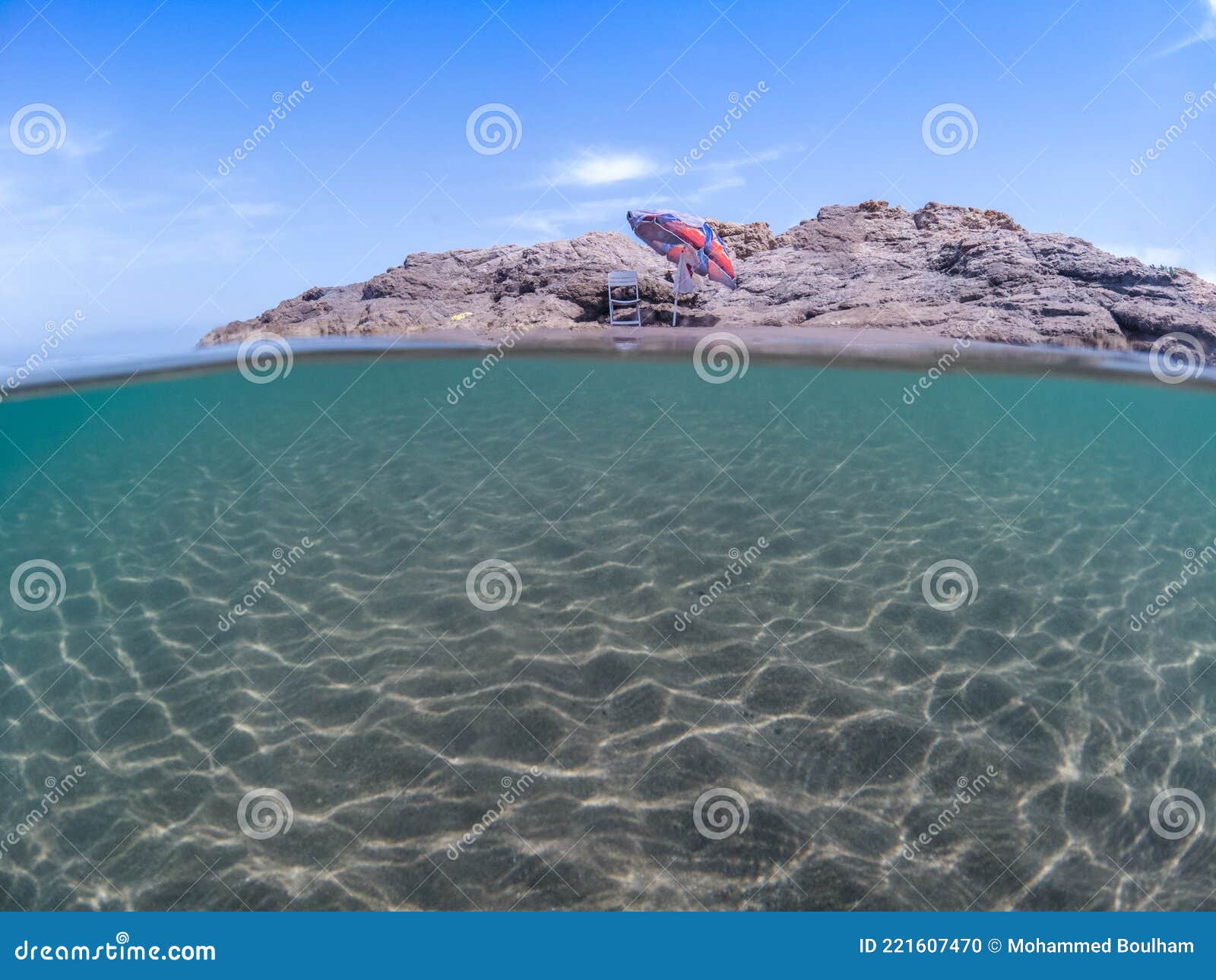 Mediterranean Sea Floor And Blue Sky, Half Underwater Photography