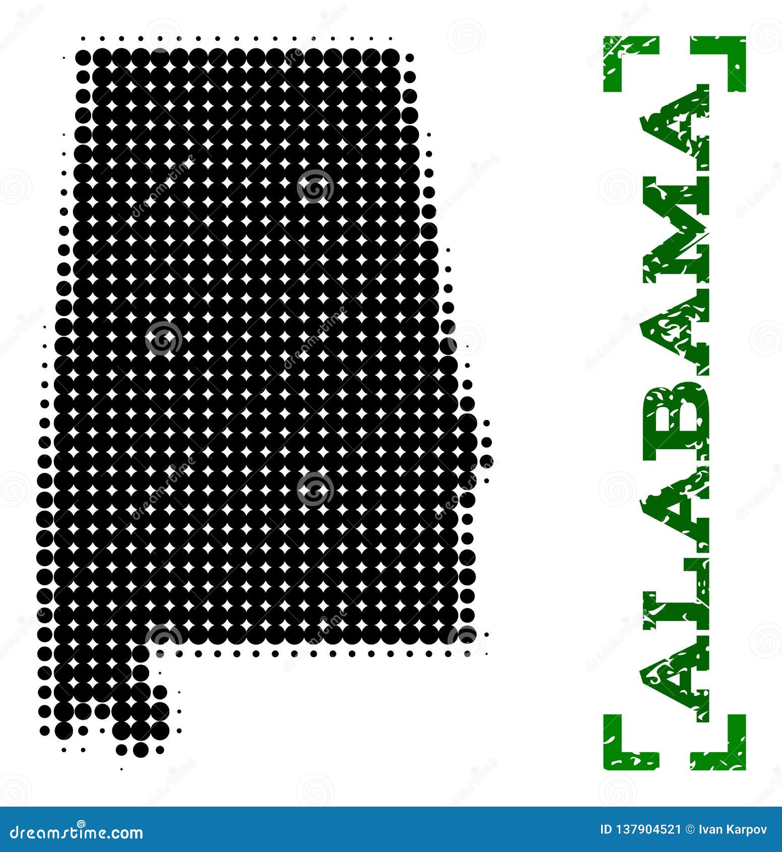 Halftone Map of Alabama State and Grunge Caption with Corners Stock