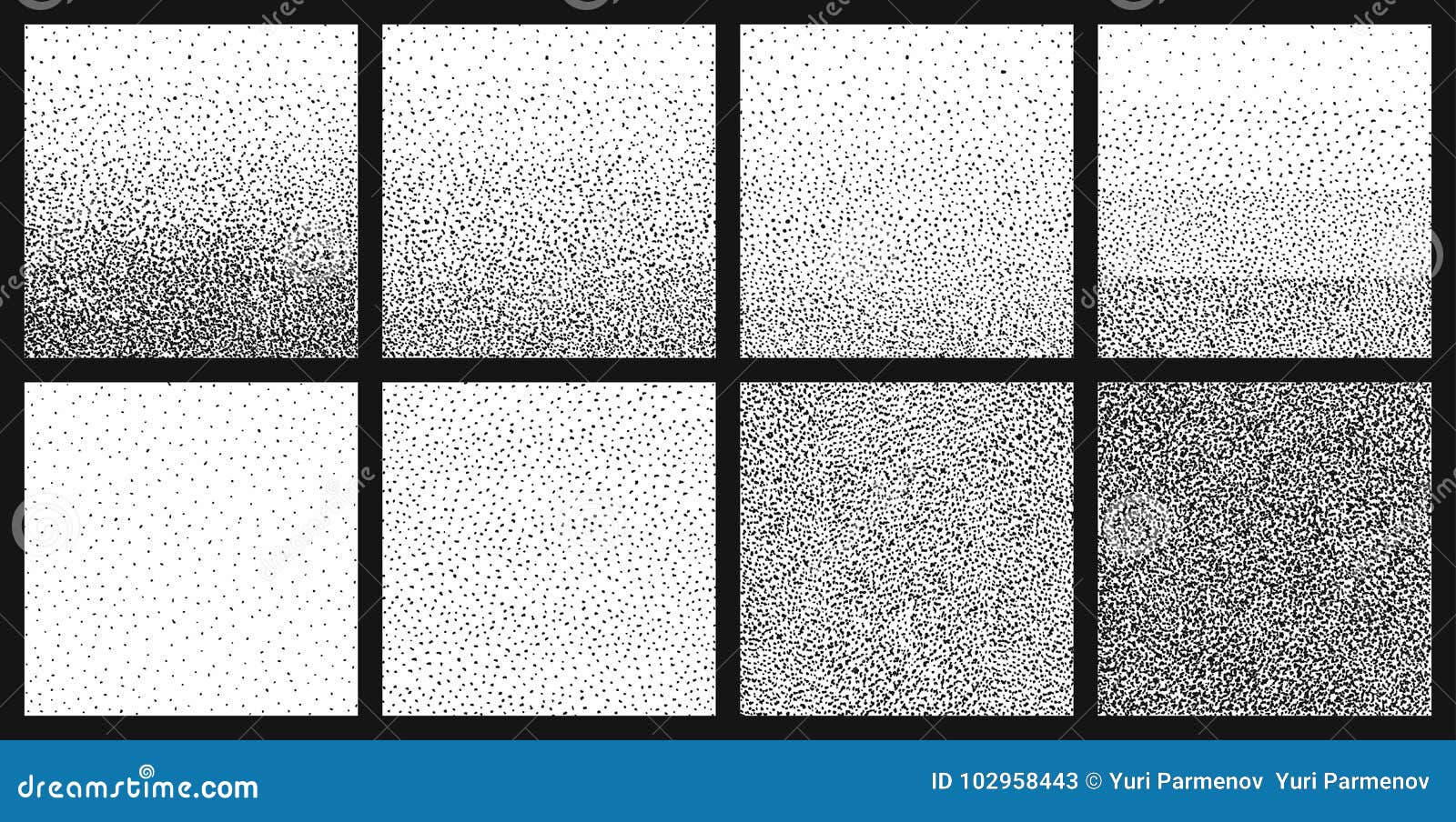 halftone gradient with random dots. abstract monochrome pointillist, speckled background set. texture with randomly disposed spots