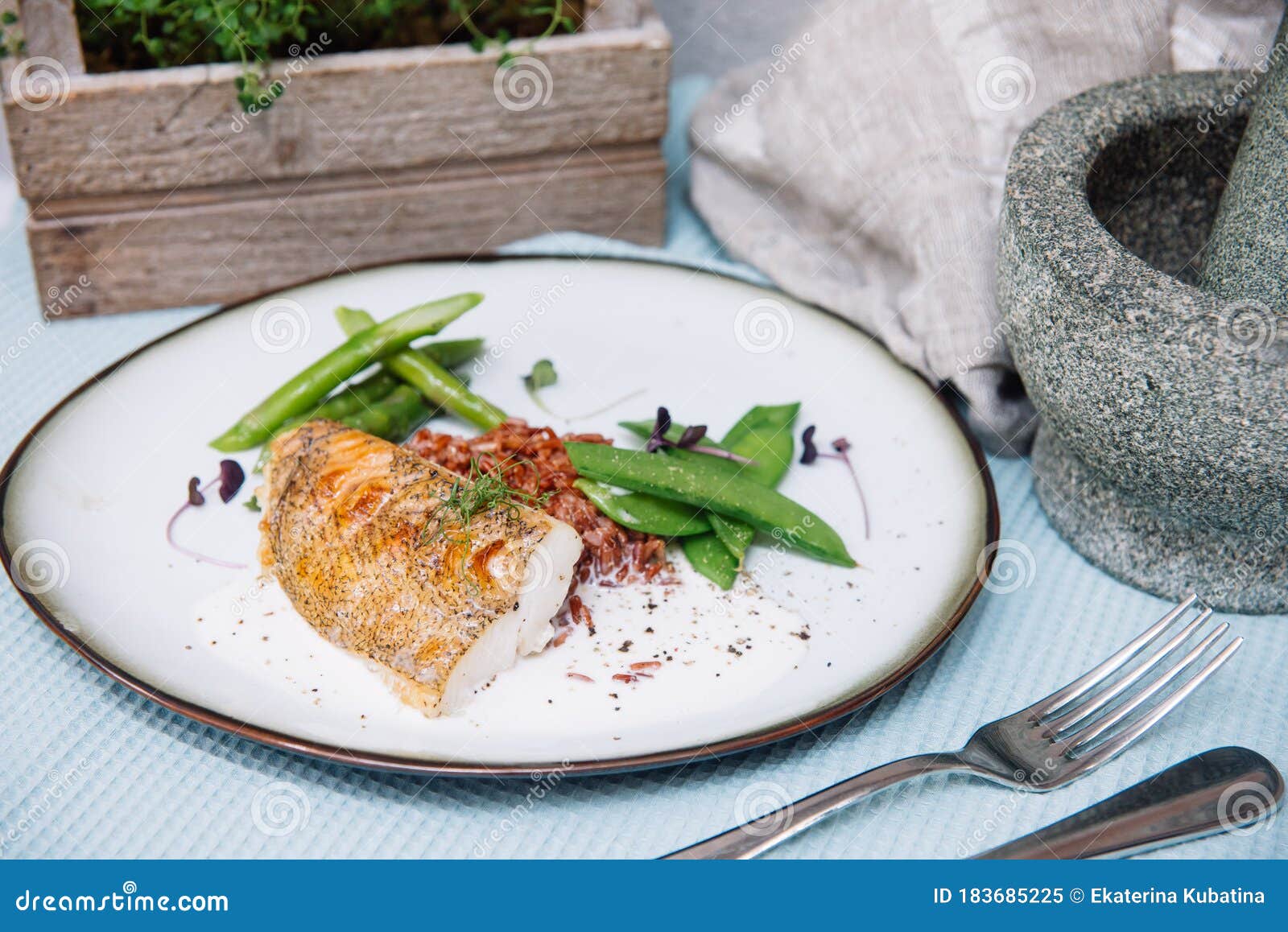 Halibut White Fish in Coconut Sauce with Ruby Rice and Blanched
