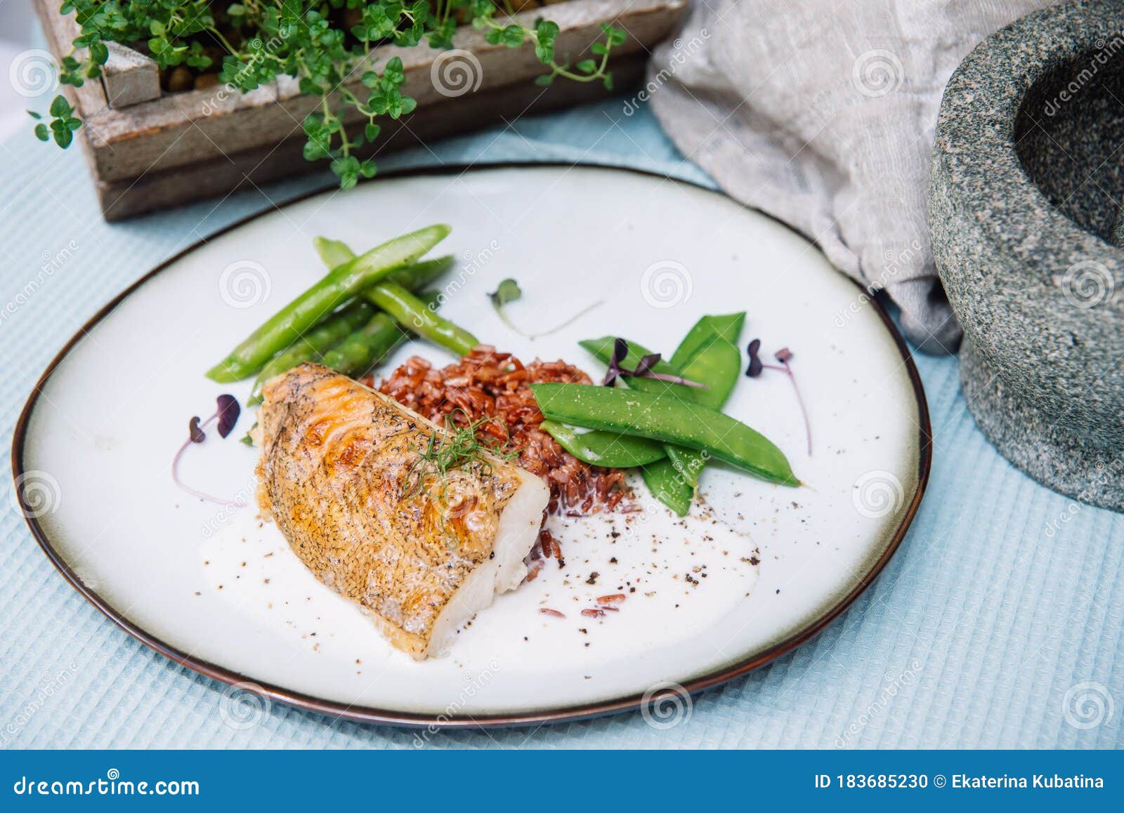 Halibut White Fish in Coconut Sauce with Ruby Rice and Blanched