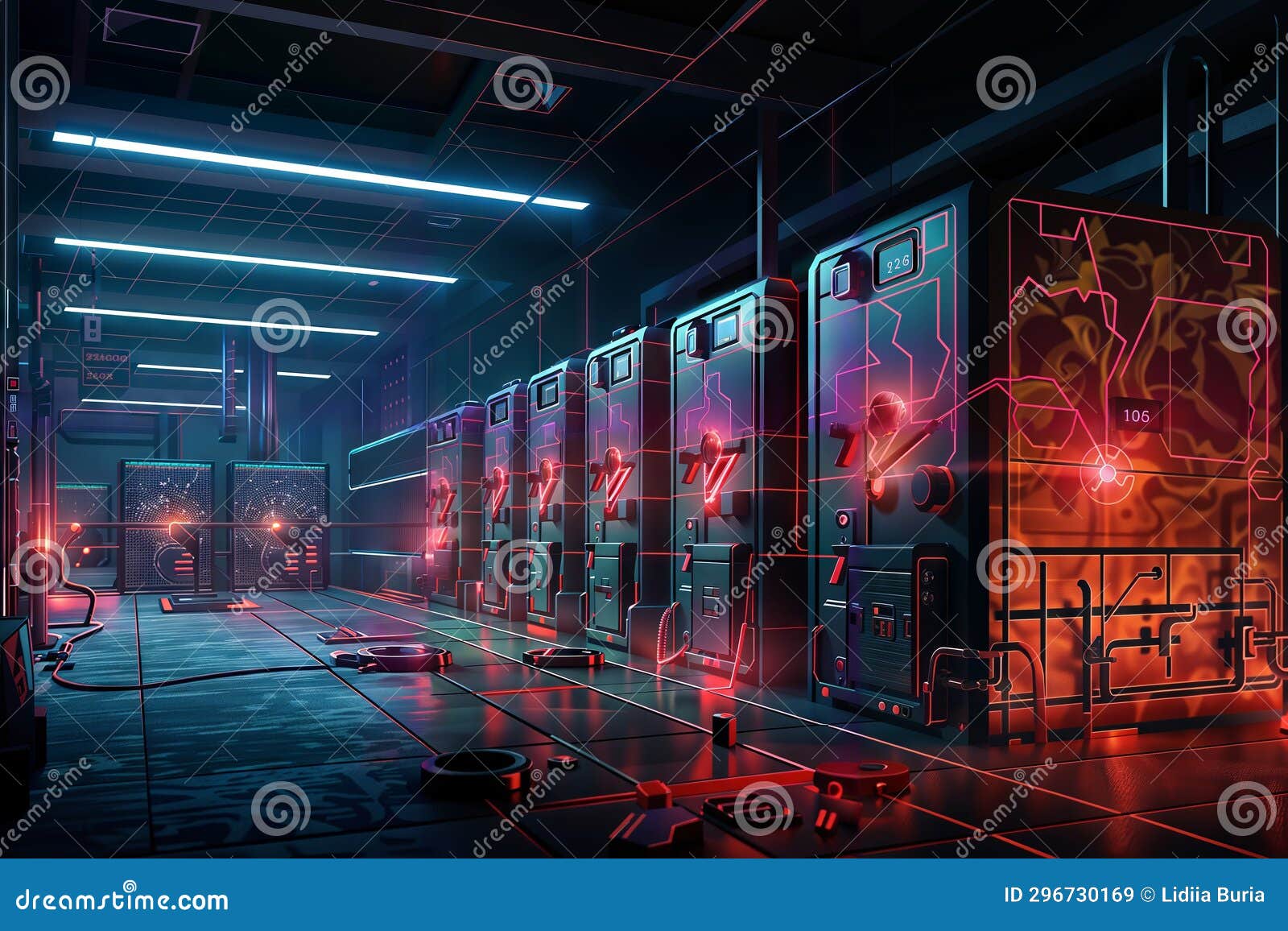 Hall of Highvoltage Switchgear with Neon Lights. 3D Rendering