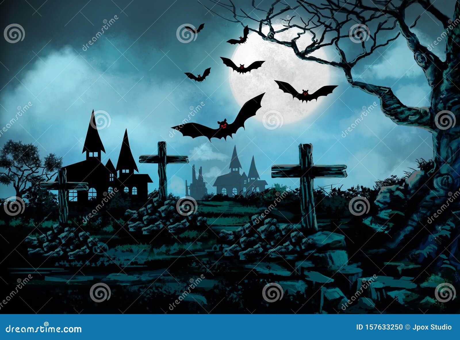 Halloween Background with Bat at Night with Dark Moon on Night Sky, for  Halloween Concept, Digital Art Style, Illustration Paintin Stock  Illustration - Illustration of horror, cemetery: 157633250