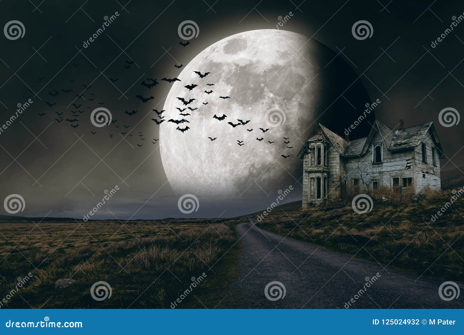halloween background with full moon and creepy house
