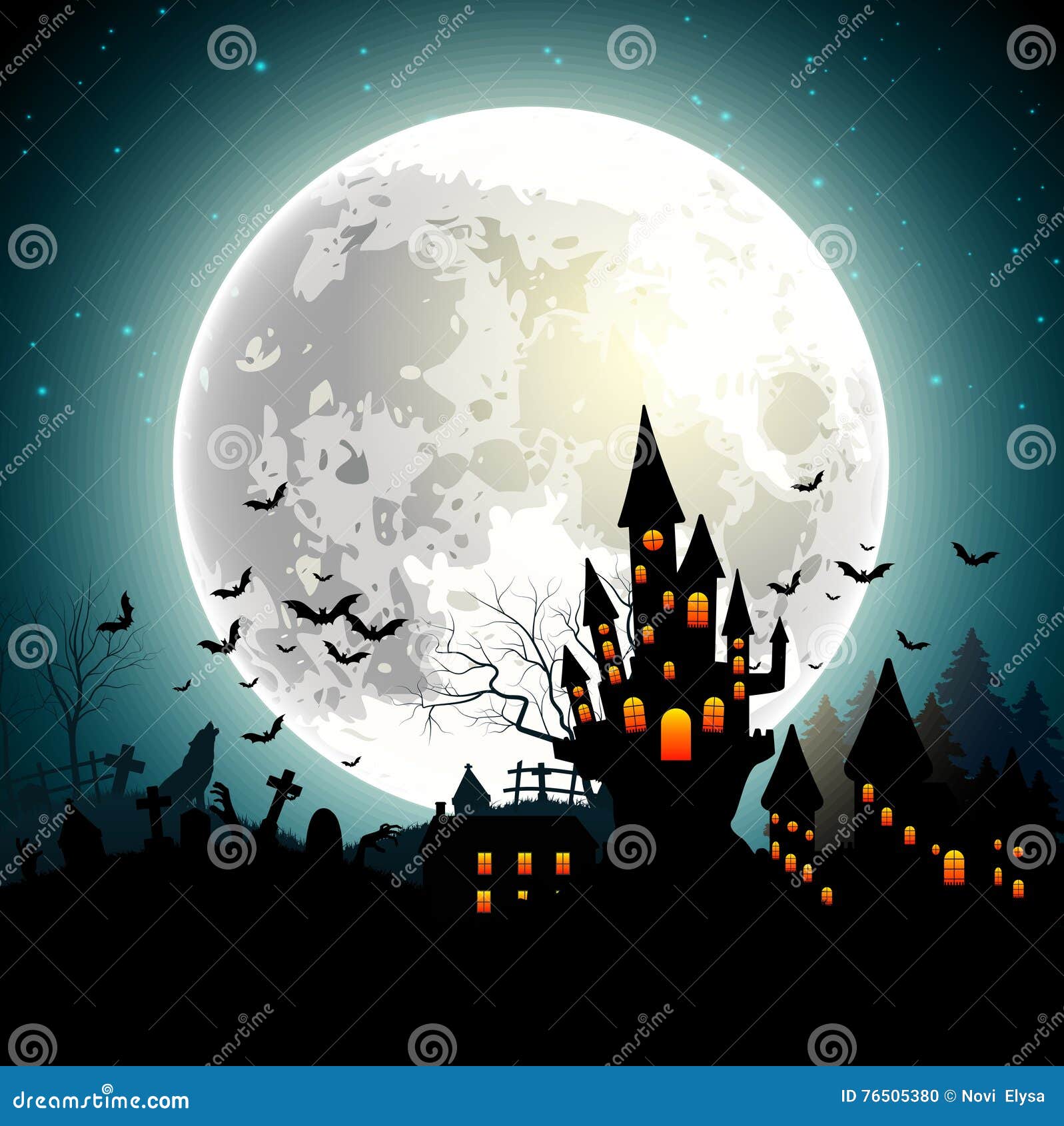 Halloween Background with Haunted Castle, Bats on Full Moon Stock