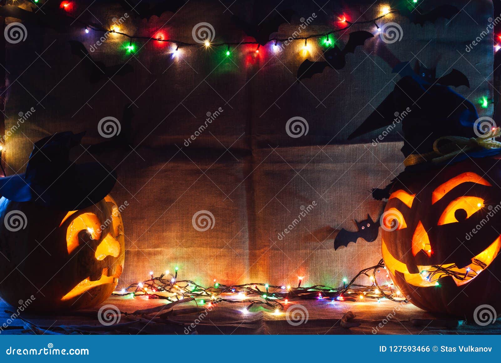 Halloween Background, Jackolantern and Garlands, Scary Faces, Stock
