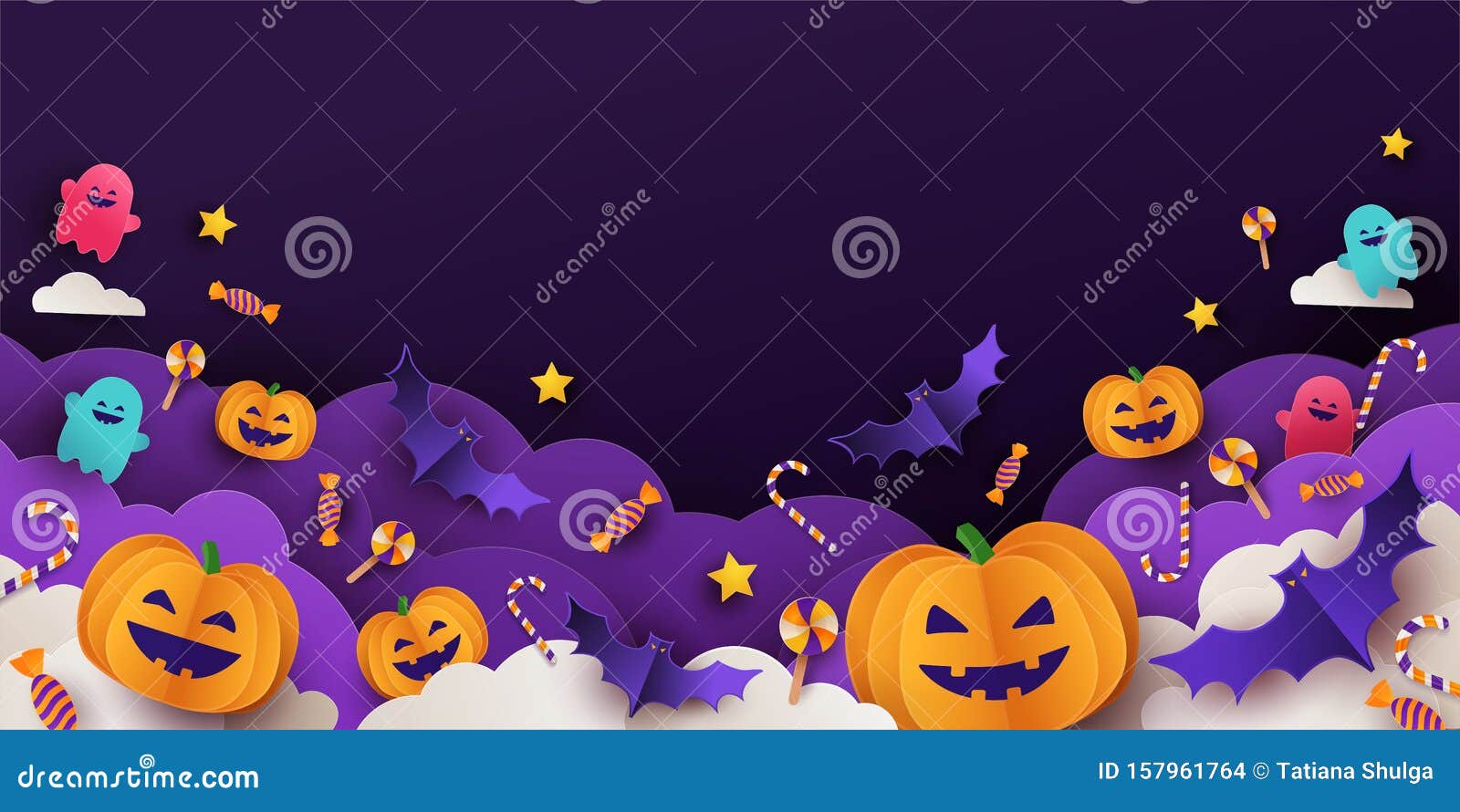 halloween background for party invitation, greeting card, web banner or sales with candies, cutest pumpkins, bats and ghosts