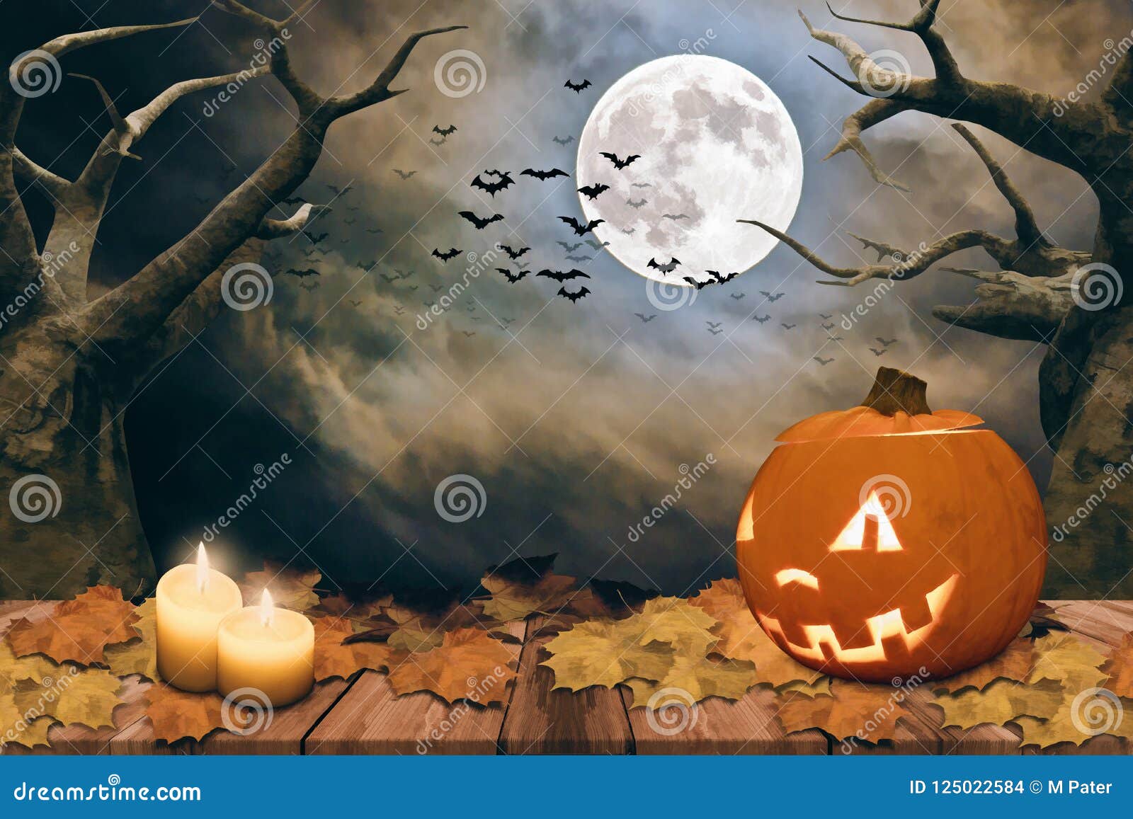 Halloween Background with Pumpkin and Full Moon Stock Illustration ...