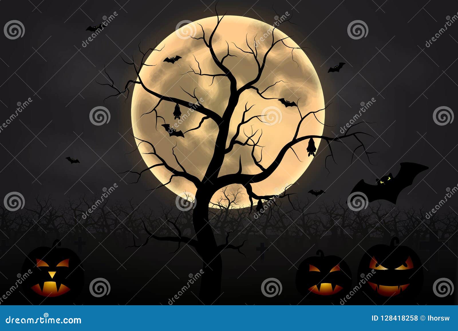 Halloween Background with Tree, Full Moon and Pumpkins in Dark Night  Isolated. Halloween Moon, Scary Stock Vector - Illustration of forest,  graphic: 128418258