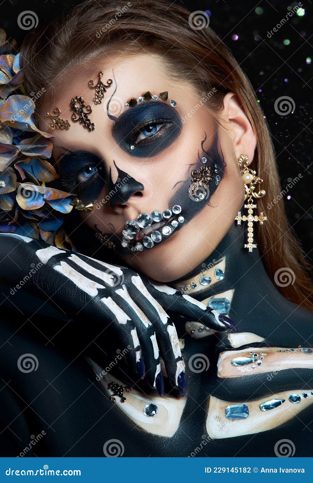 Halloween Beauty Skeleton Woman Makeup Face Bokeh Glitter. Girl Death  Halloween Costume. Day of the Dead Stock Photo - Image of hairstyle, gold:  229145182
