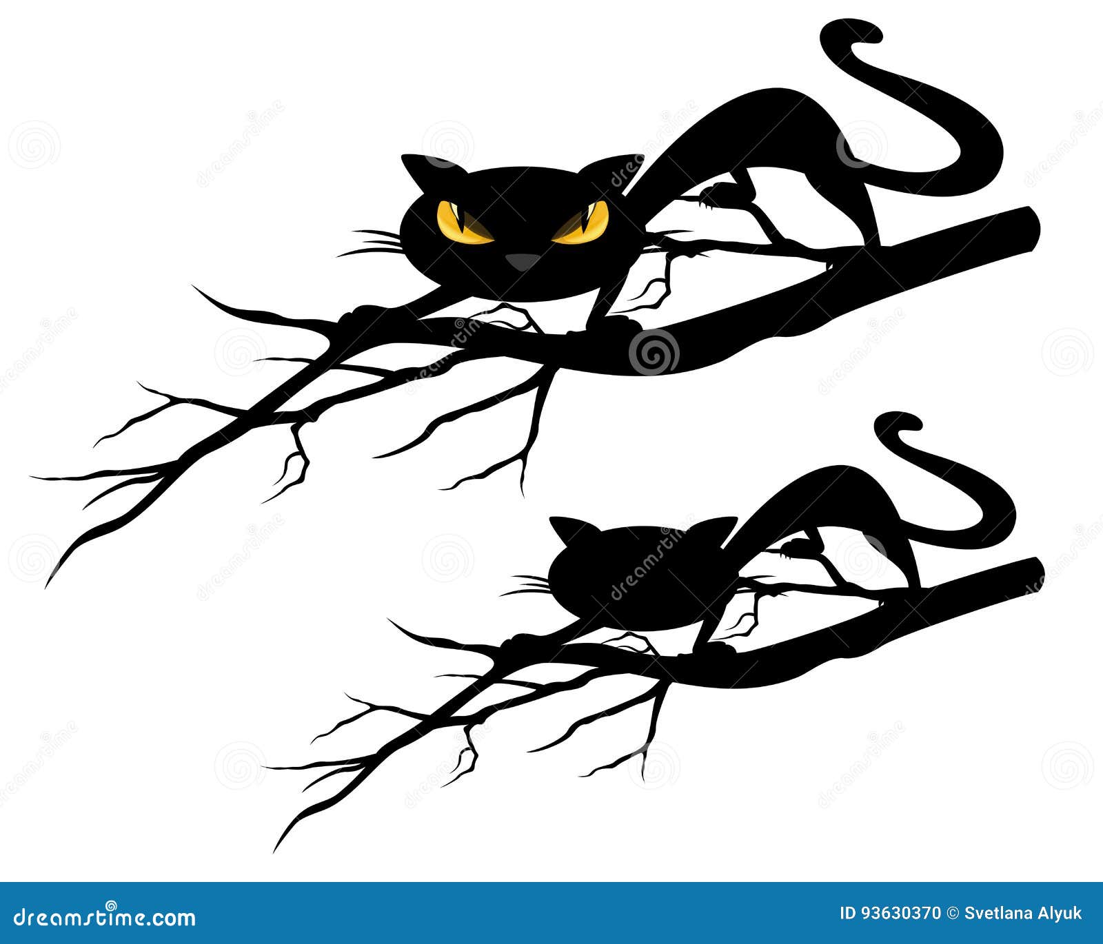 Halloween Black Cat on a Tree Branch Design Set Stock Vector