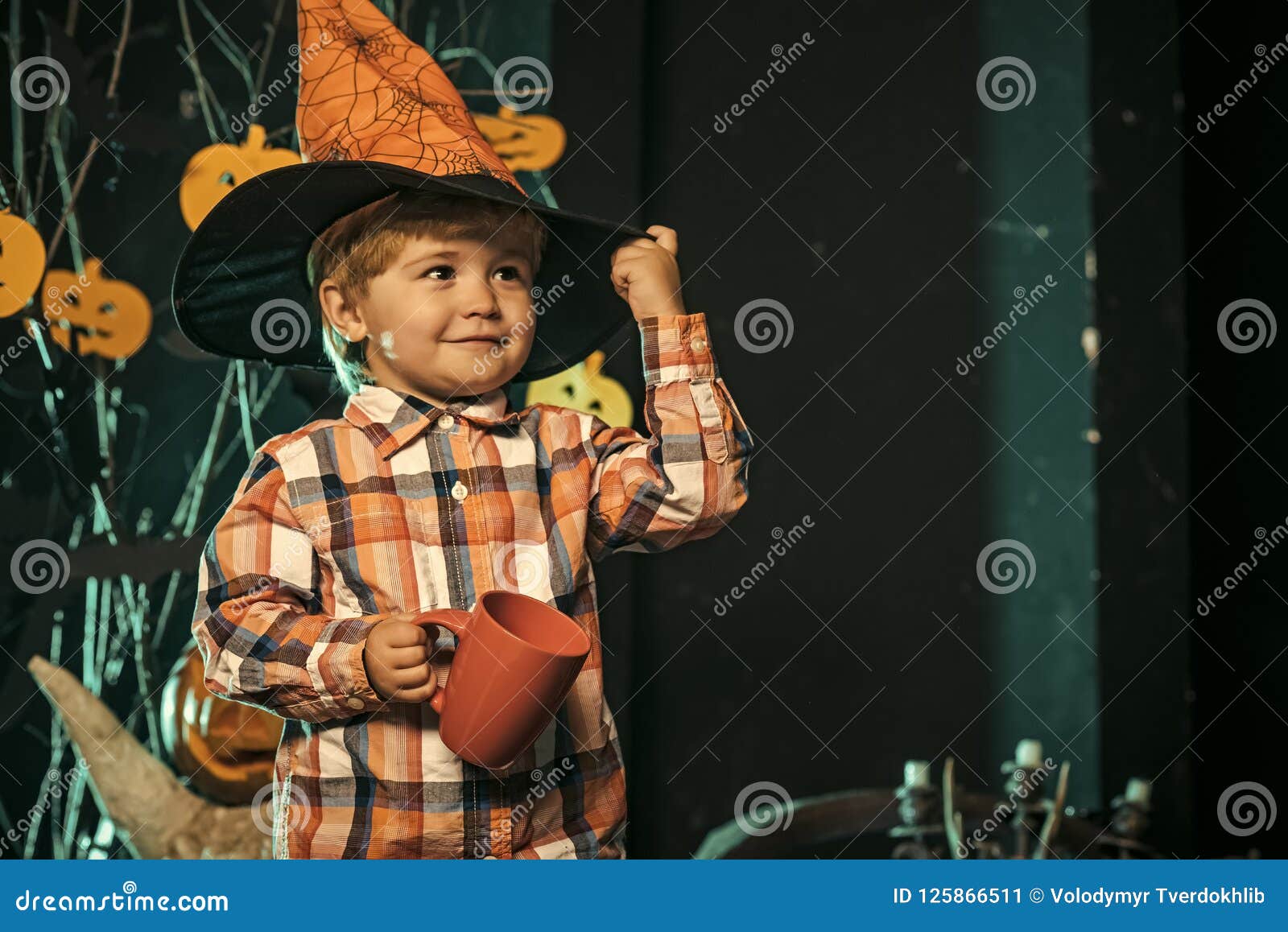 Halloween Boy Kid with Happy Face at Pumpkin. Stock Image - Image of ...